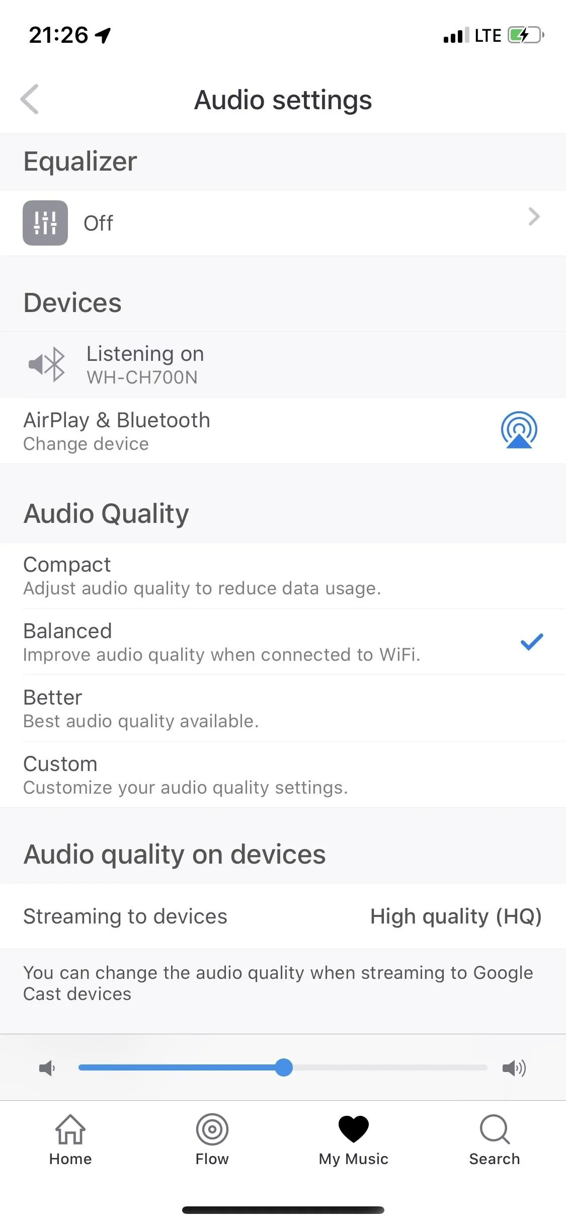 Audio settings interface on a mobile device with options for audio quality and device selection.