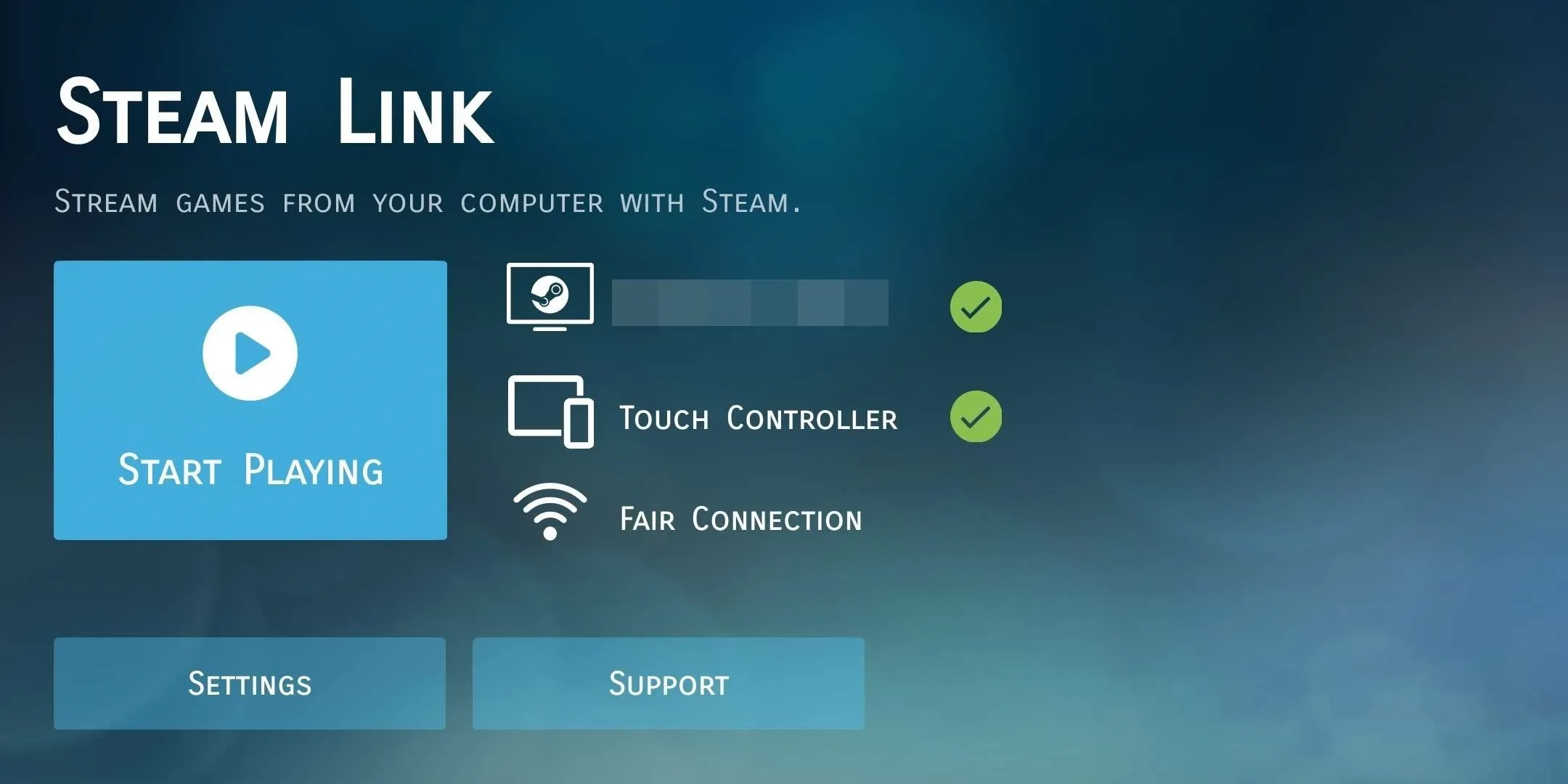 Steam Link interface showing options to start playing games, touch controller setup, and connection status.