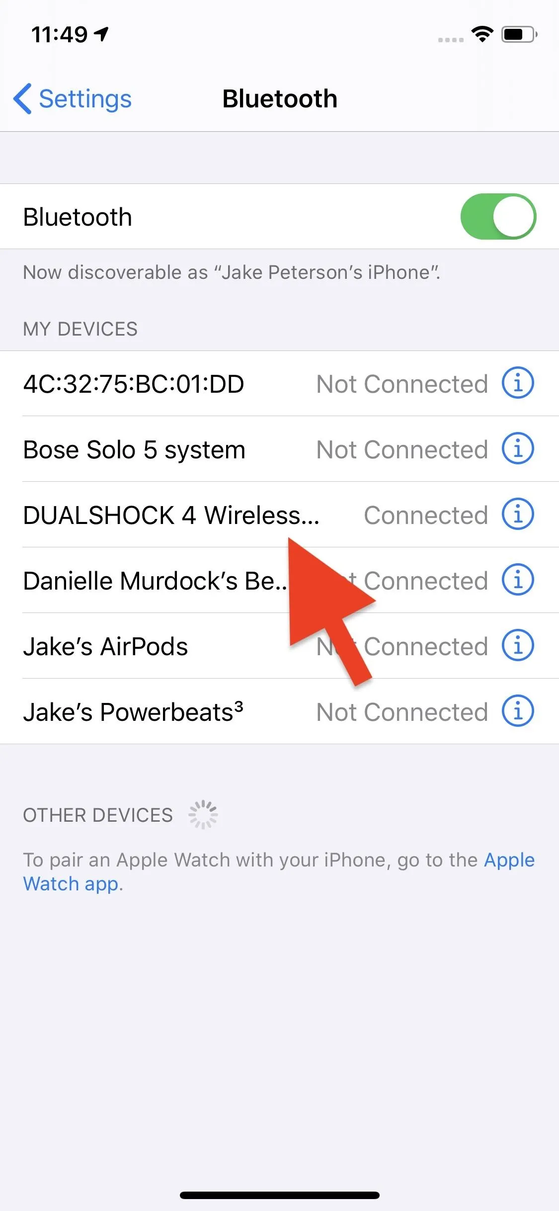 Bluetooth settings screen showing available devices on a smartphone.