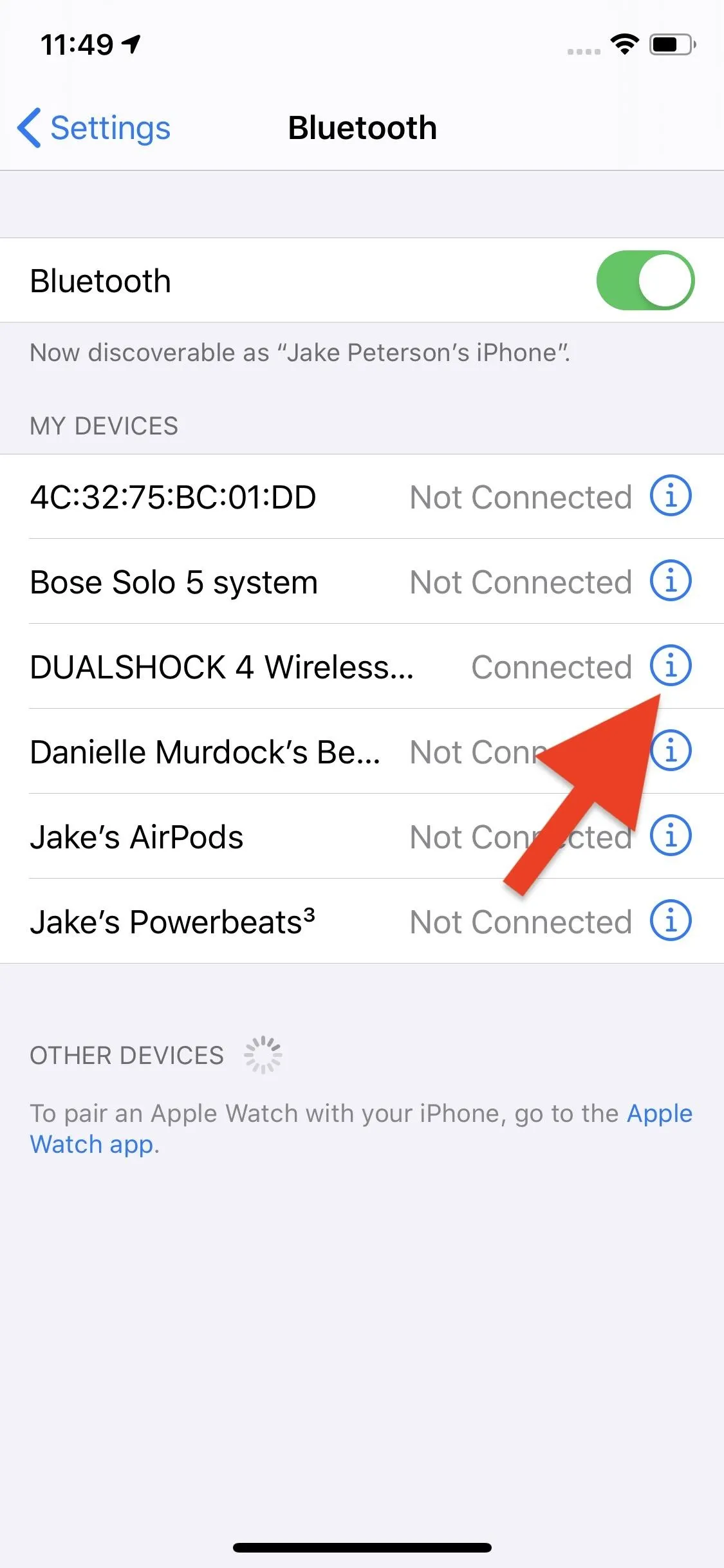 Bluetooth settings interface showing available devices with one highlighted as 'Connected' and others as 'Not Connected'.