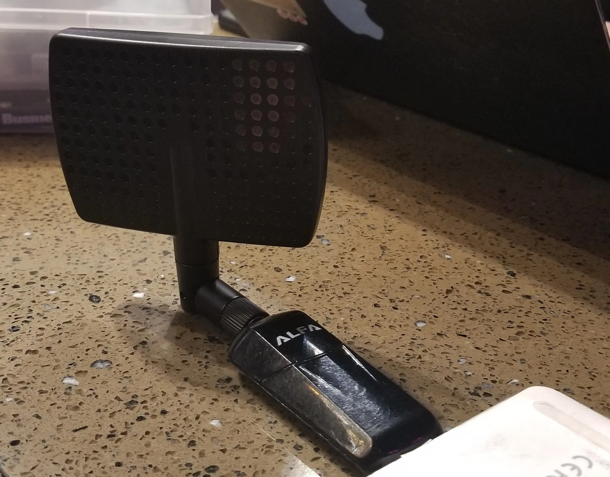 Wireless charging pad on a countertop.