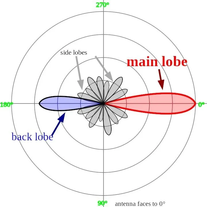 Polar plot illustrating the main lobe, back lobe, and side lobes of a radiation pattern.