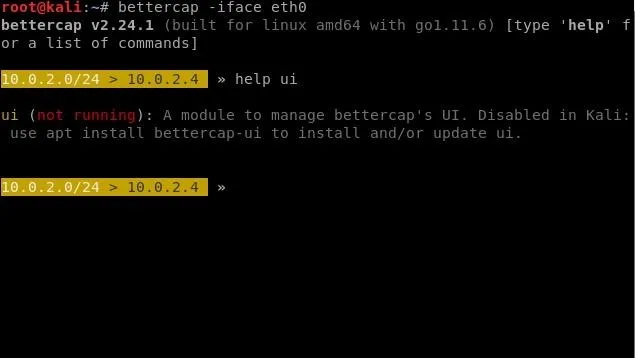 Terminal command interface showing bettercap v2.24.1 in use on Linux.