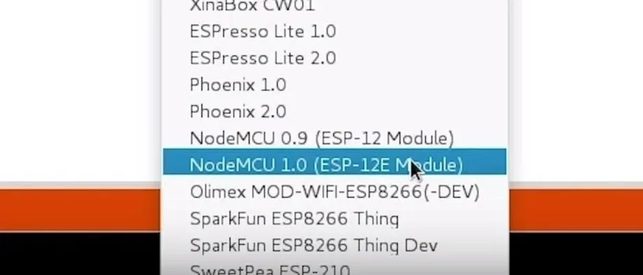 NodeMCU 1.0 (ESP-12E Module) selection in a software menu.