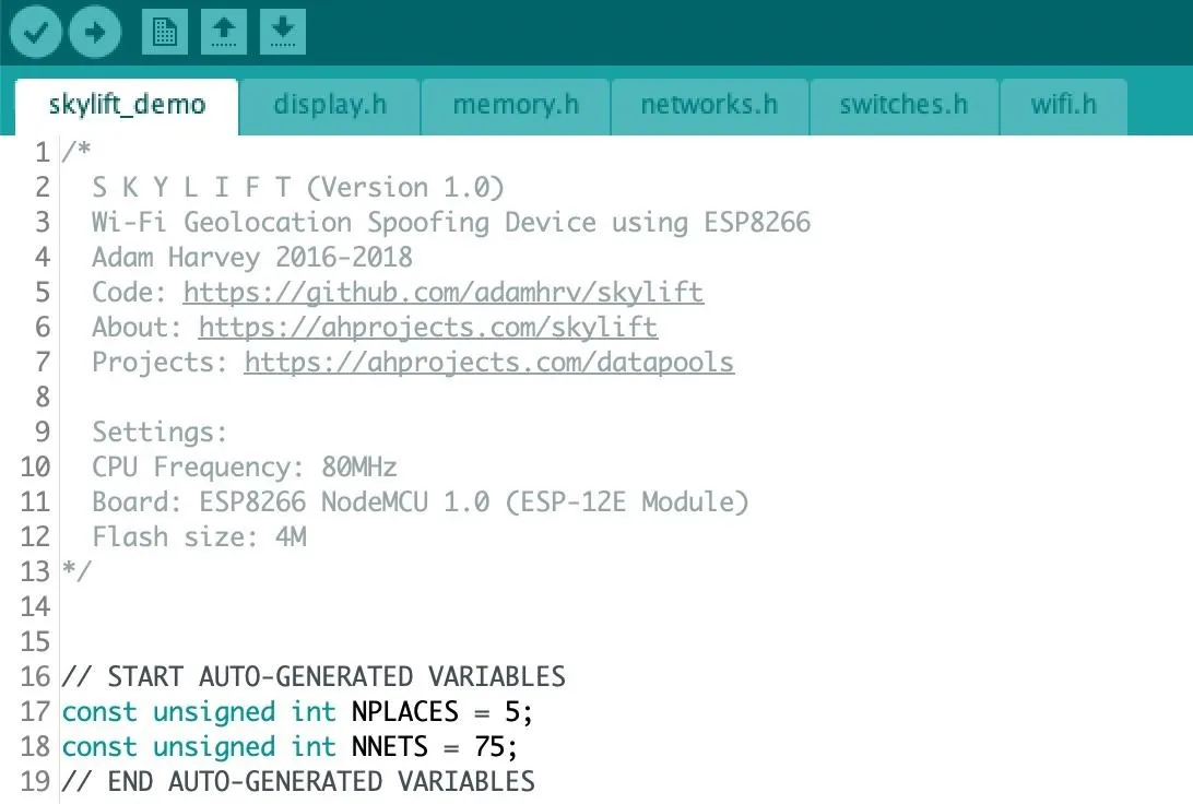 Code snippet from an Arduino project for a Skylift version utilizing ESP modules.