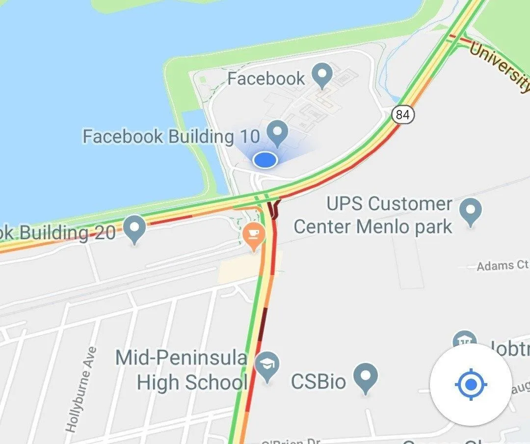 Map showing traffic conditions near Facebook Building 10 in Menlo Park.