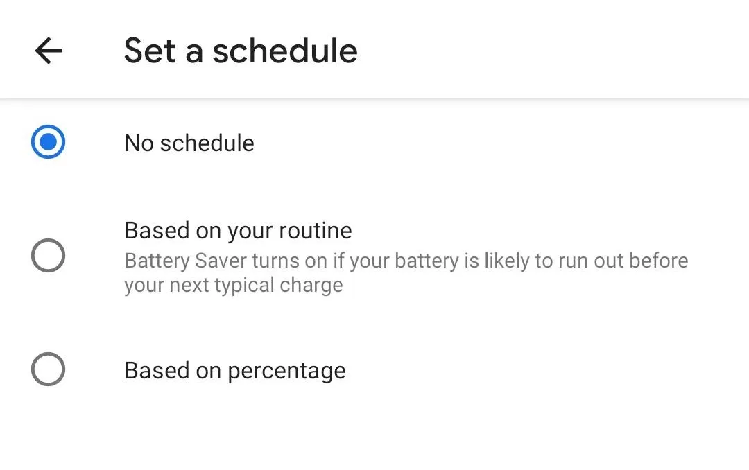 Battery saver scheduling options in a settings menu.