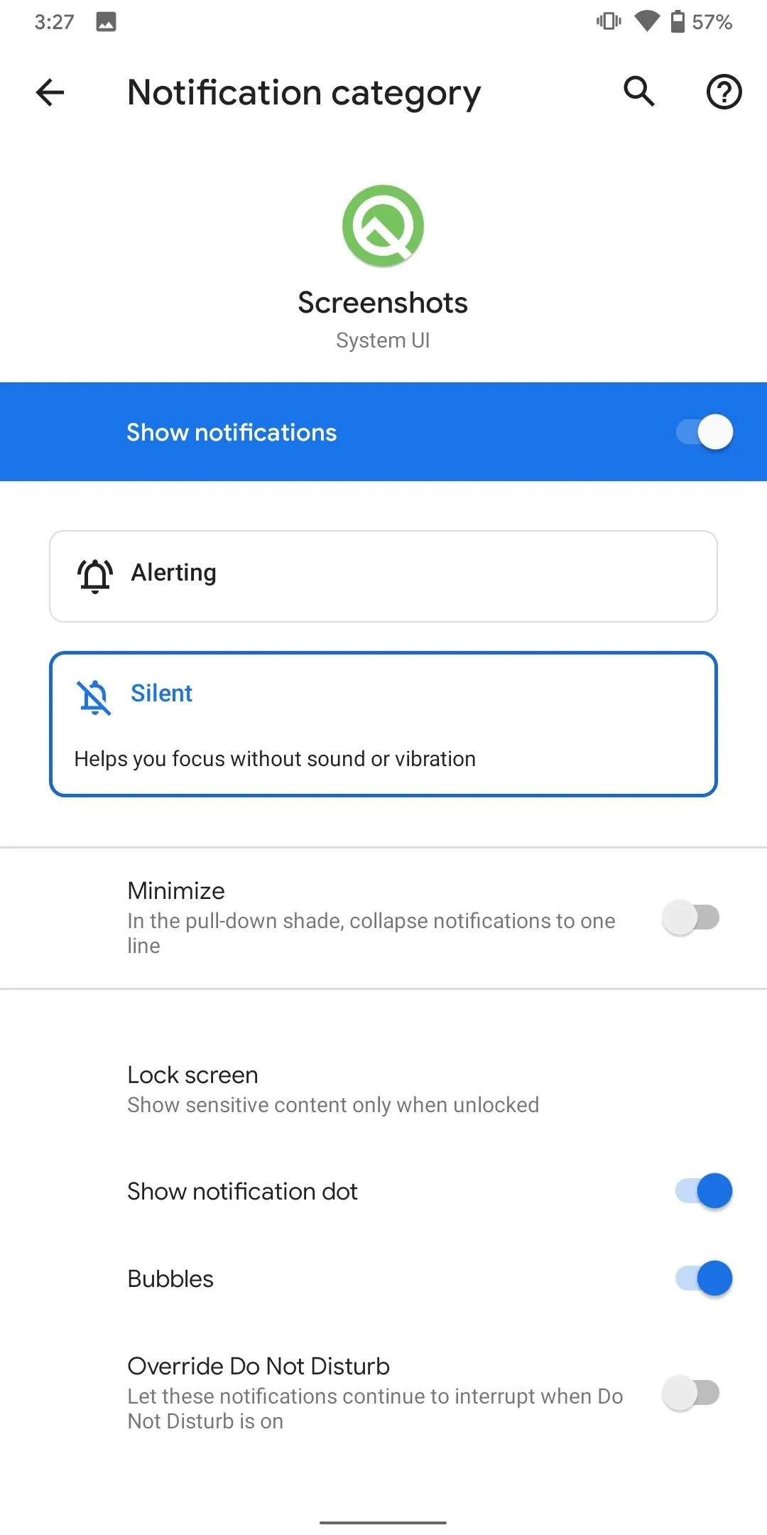 Notification settings screen on a mobile device.