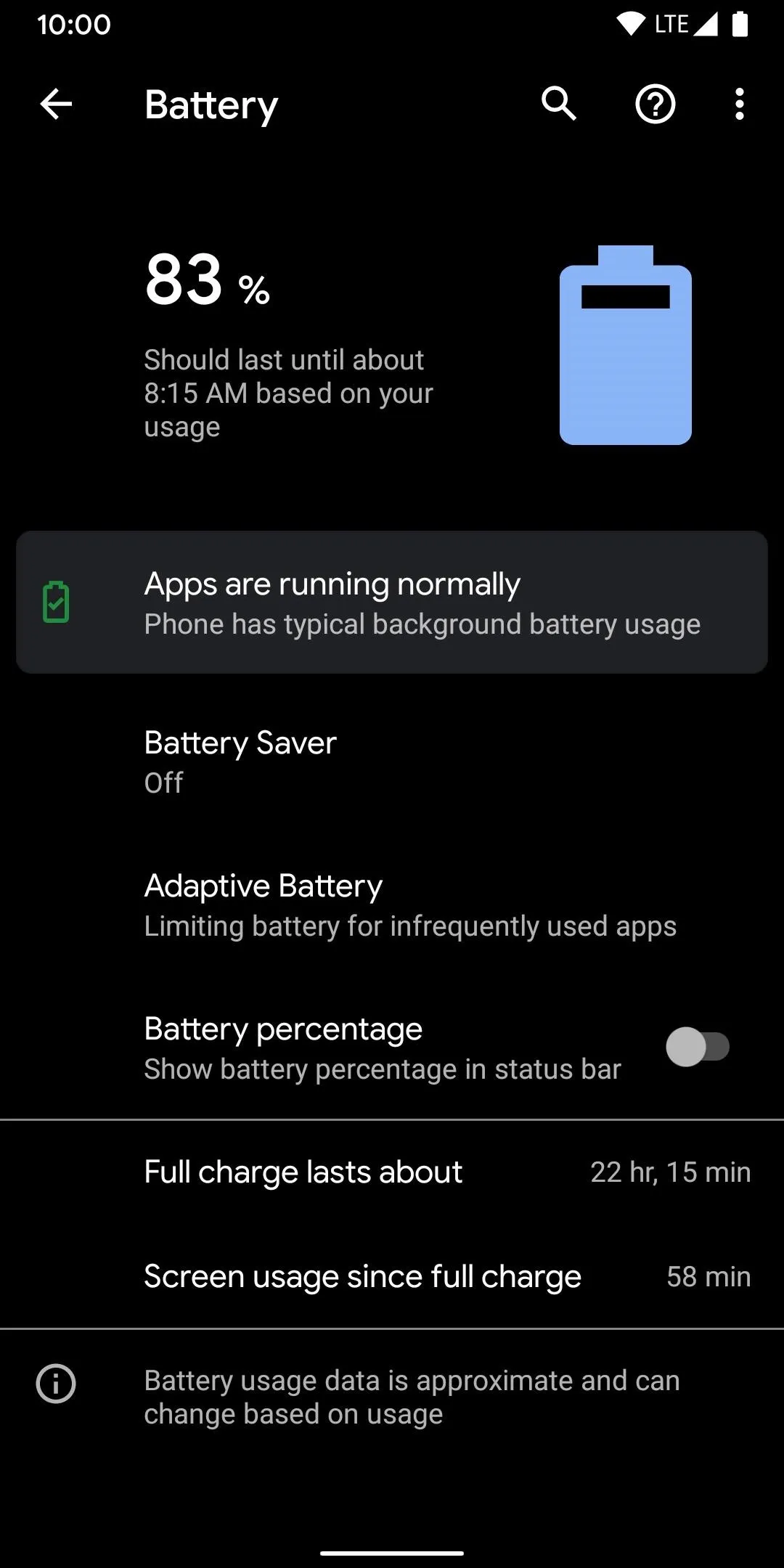 Battery status screen showing 83% charge remaining and background battery usage details.