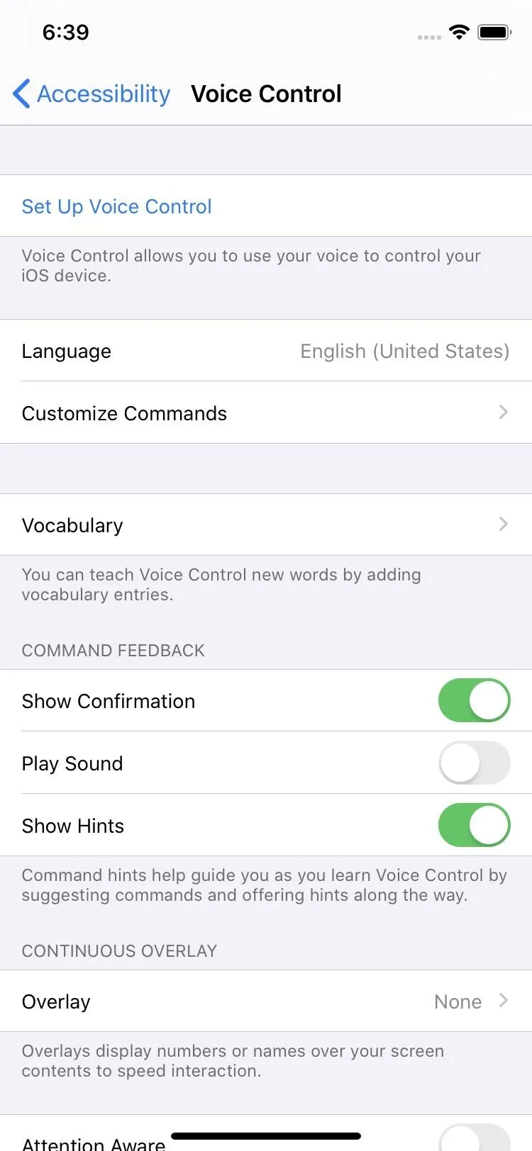 Accessibility settings for voice control on a mobile device.