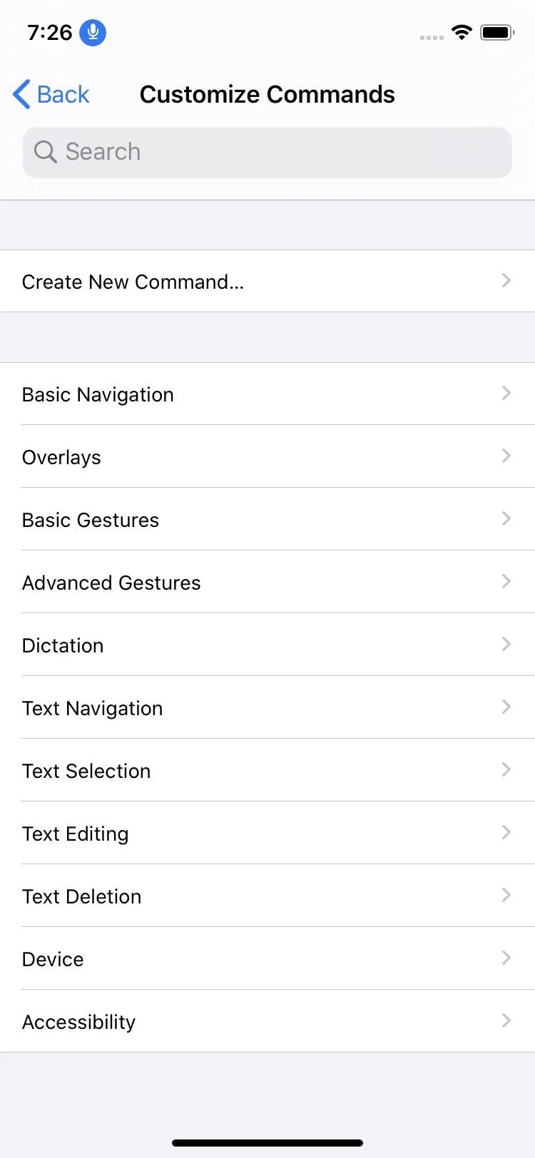 Custom commands menu on a mobile device.