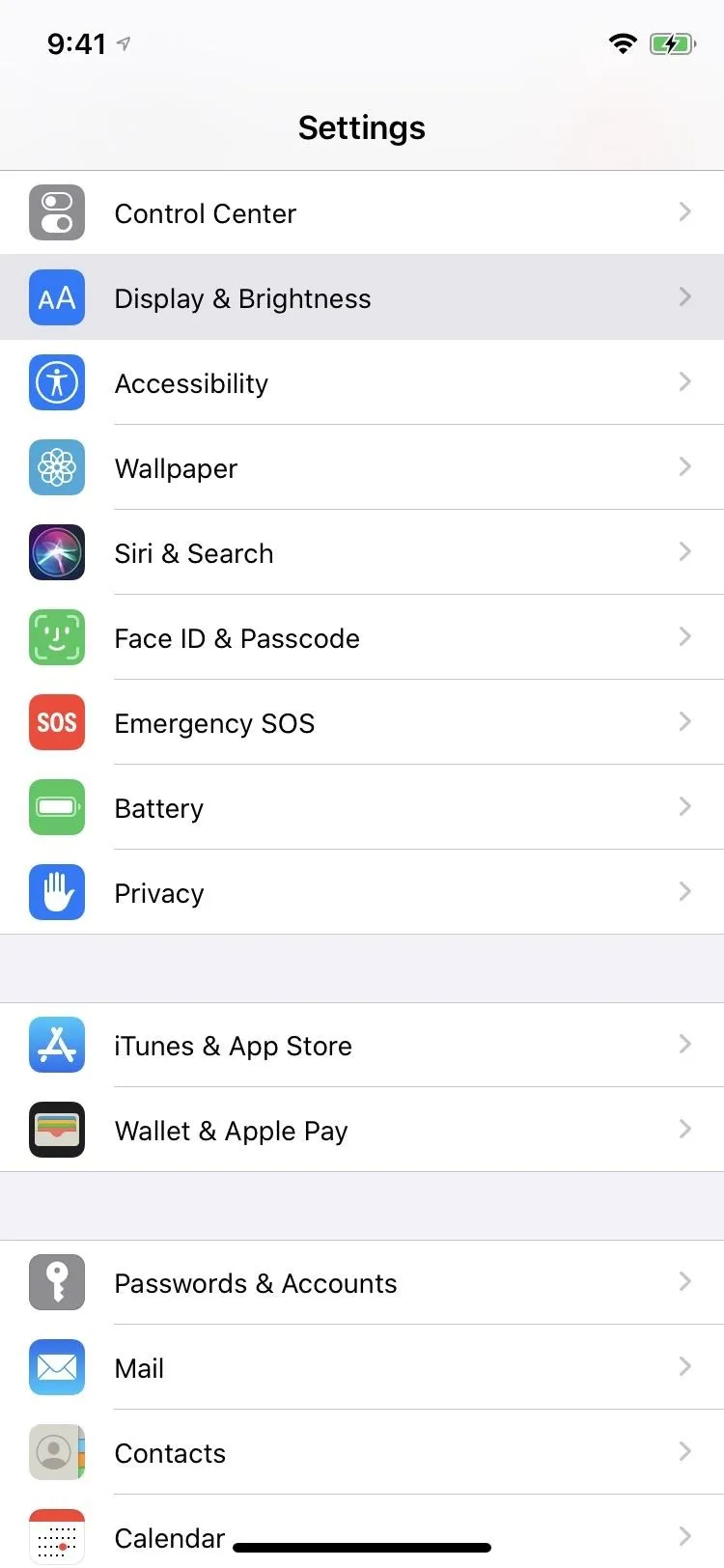 iPhone settings menu displaying various options such as Display & Brightness, Accessibility, and Privacy.