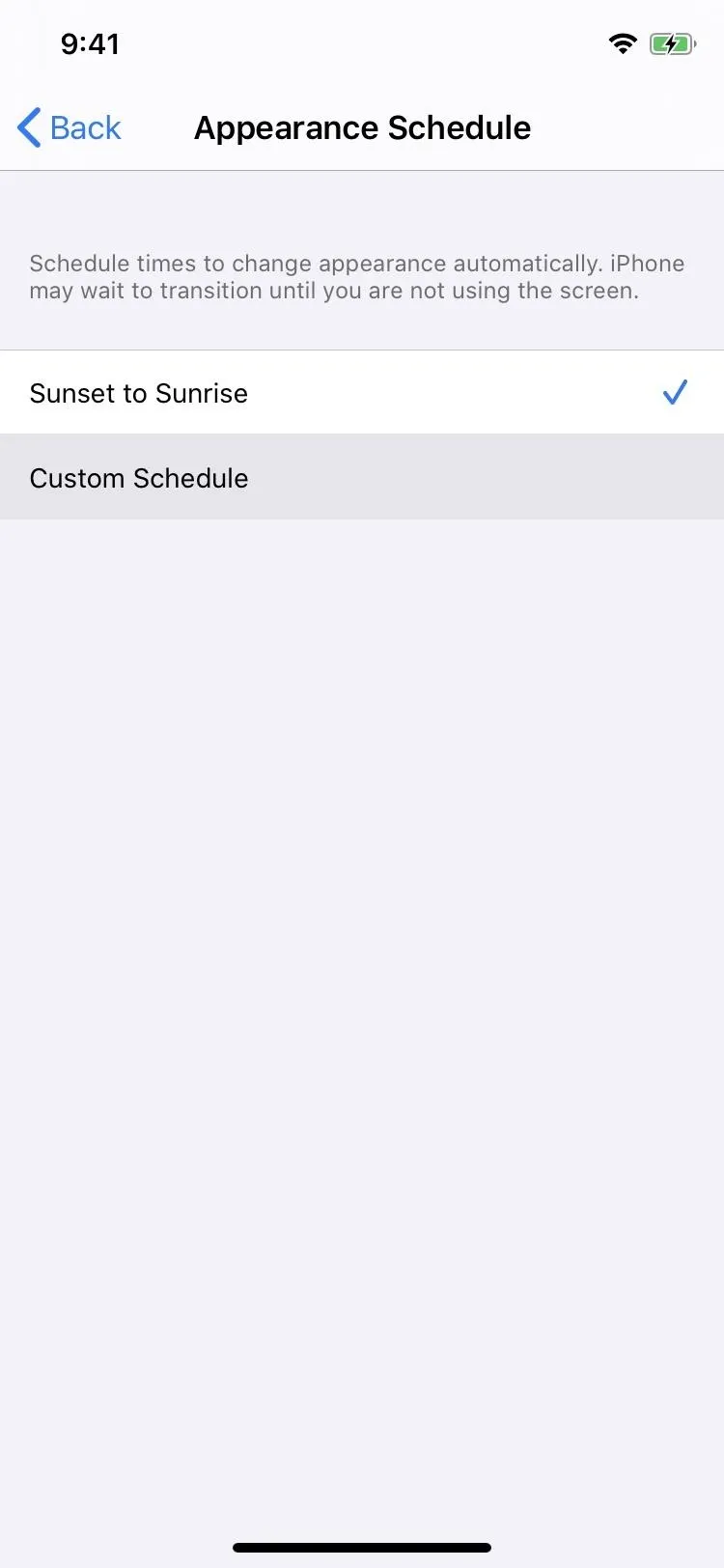 Appearance scheduler settings on a mobile device.