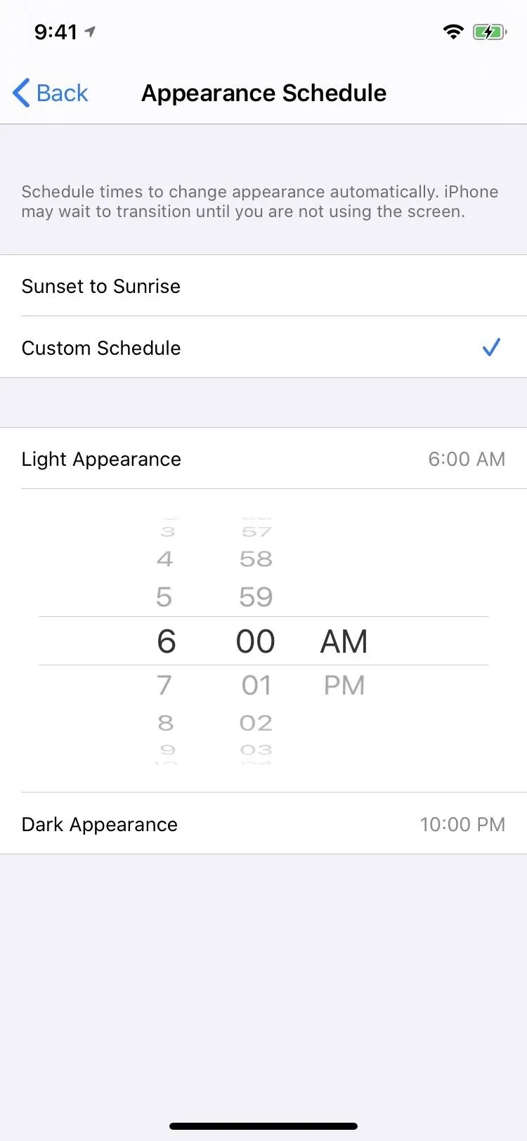 Appearance scheduler settings on a smartphone.