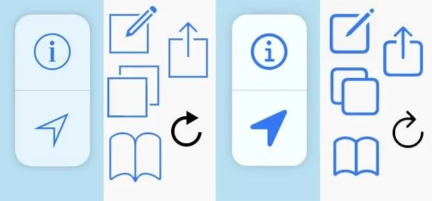 Icons representing navigation, editing, sharing, and information actions.