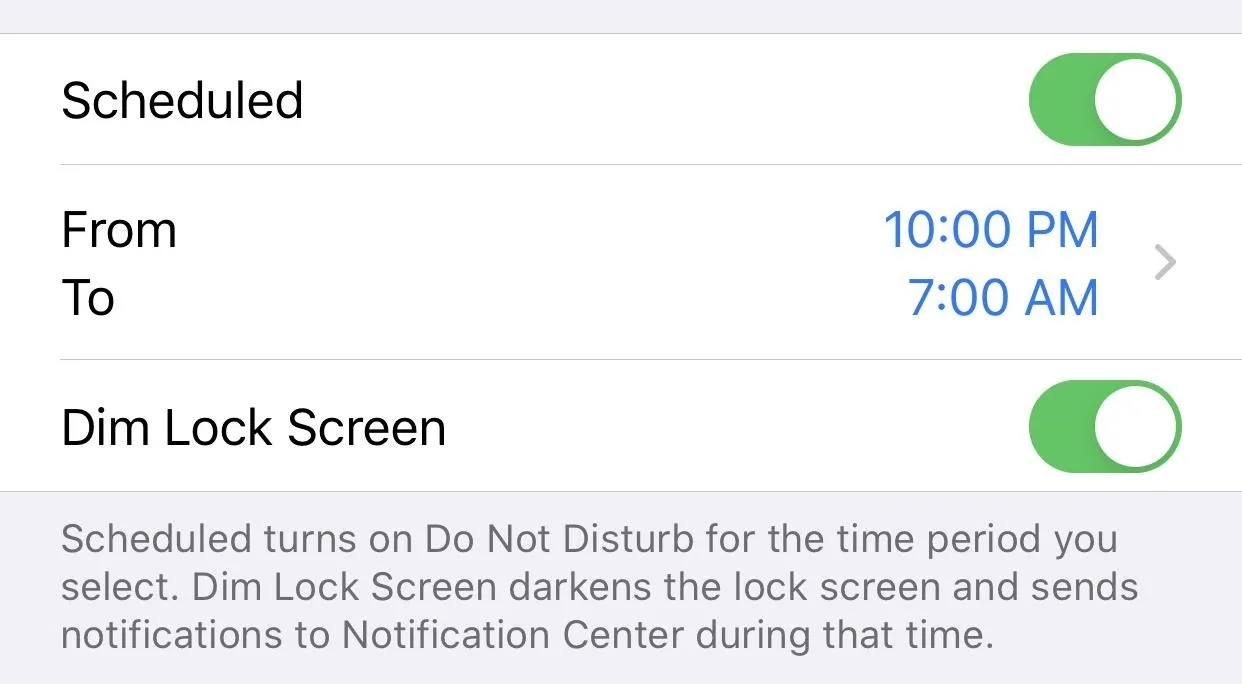 Scheduled Do Not Disturb settings with time range and dim lock screen option.