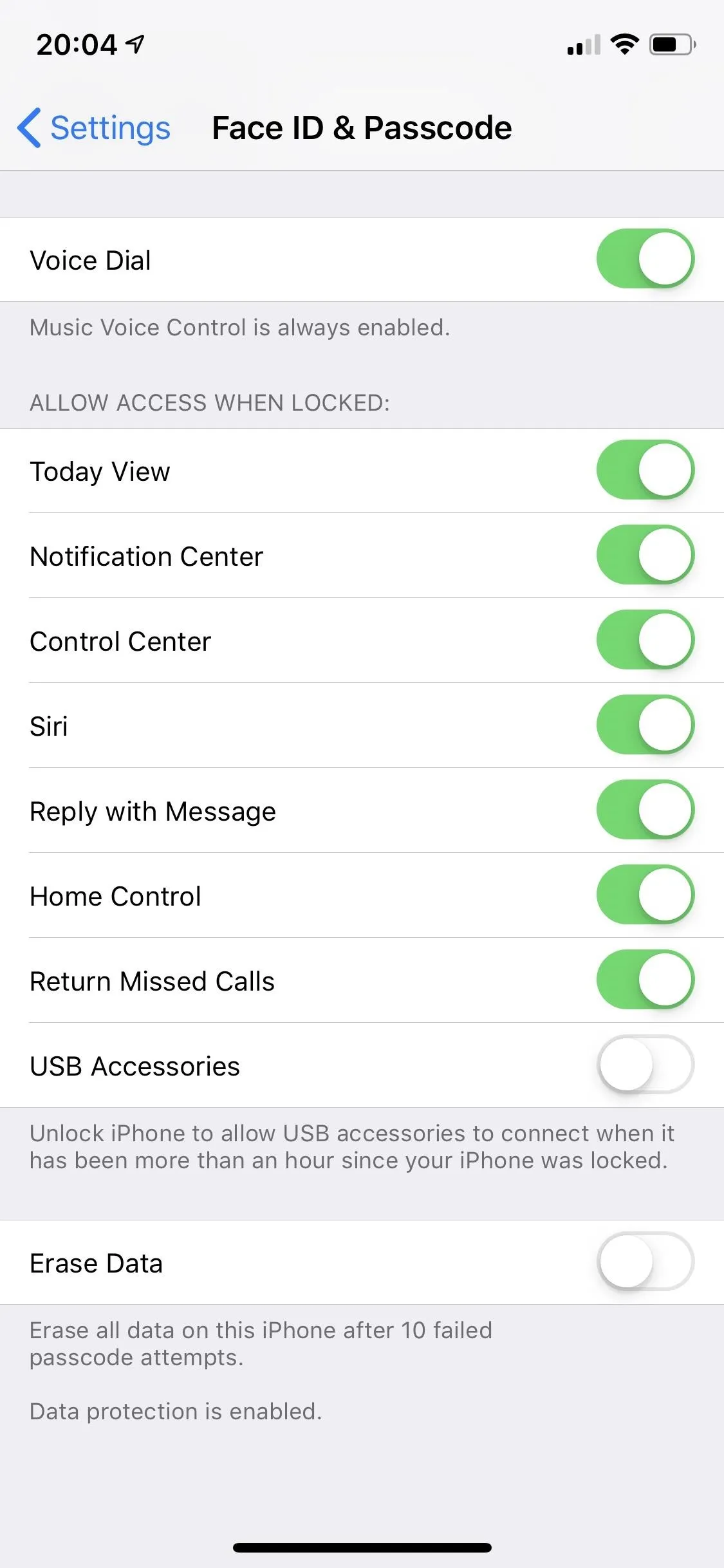 Settings menu for Face ID and Passcode on an iPhone.