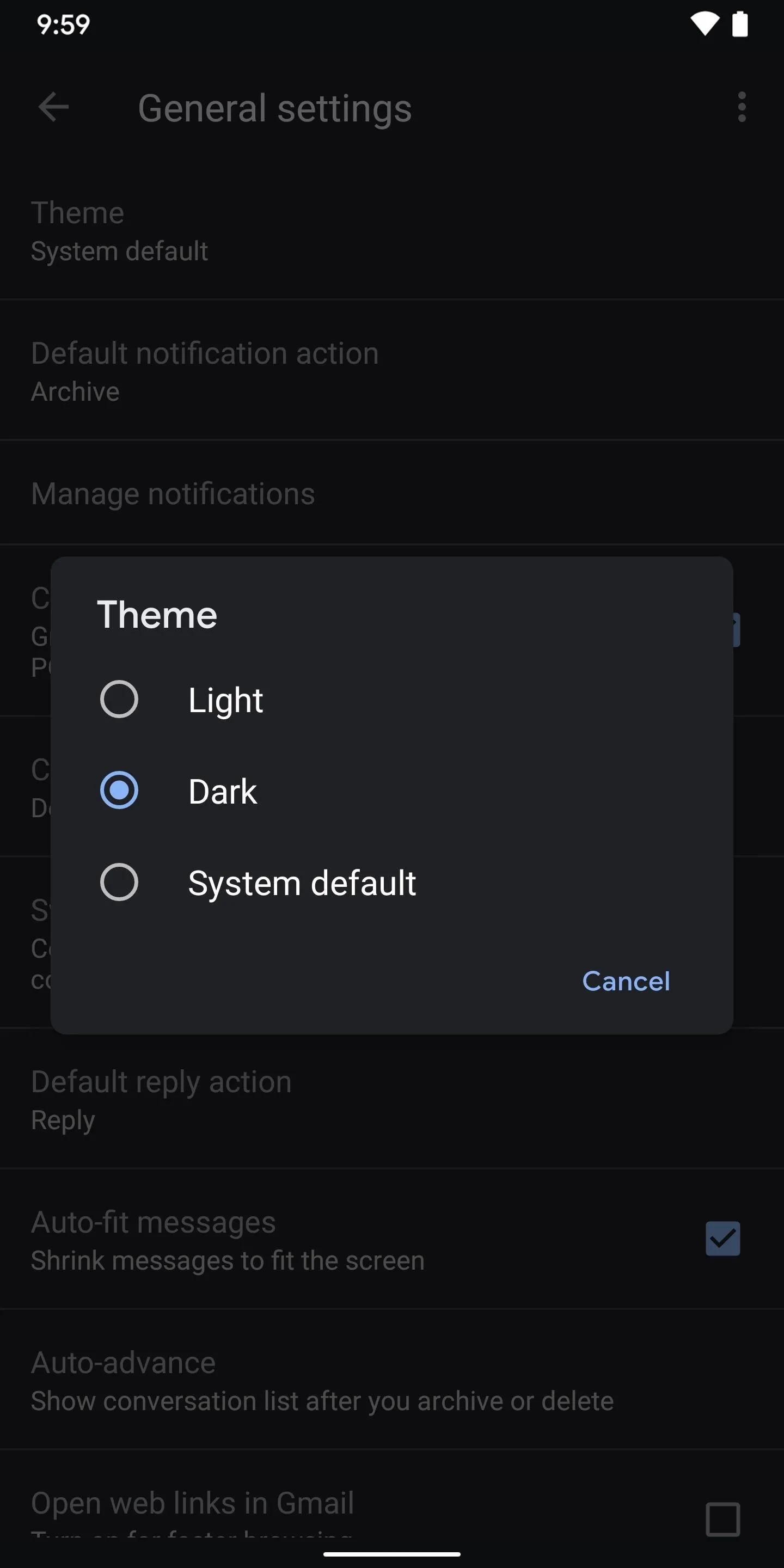 Settings menu displaying theme options: light, dark, and system default.