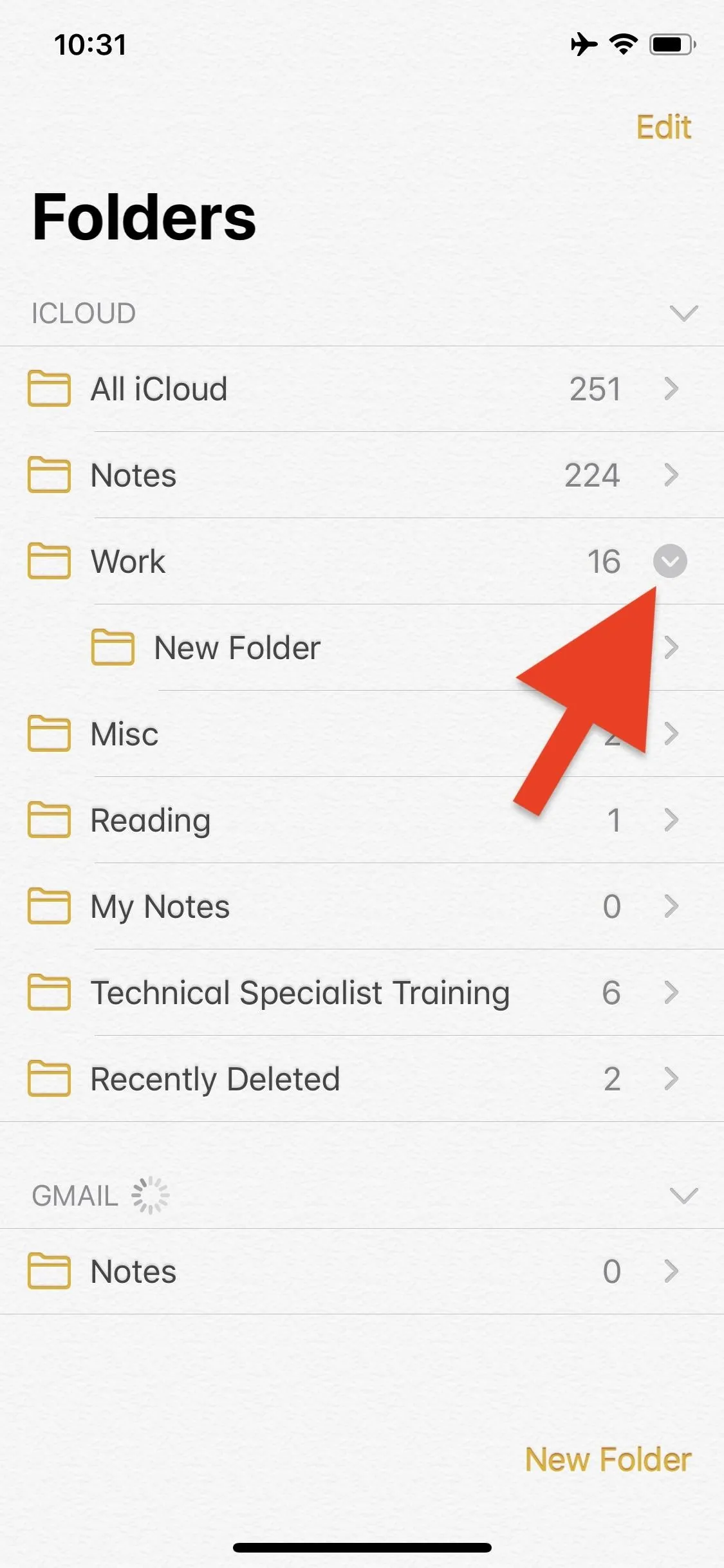 Folder organization interface with a highlighted "Work" folder.