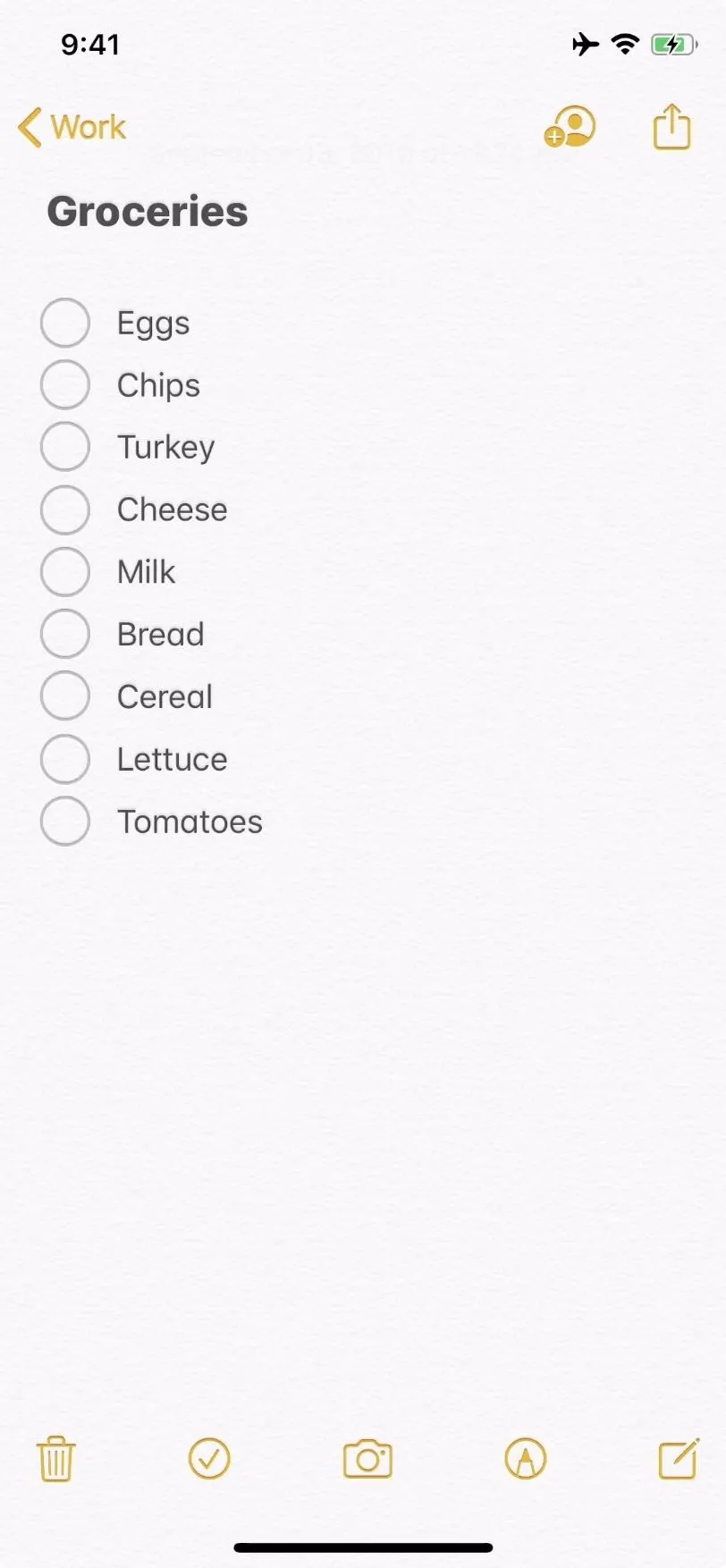 Grocery list with various food categories.