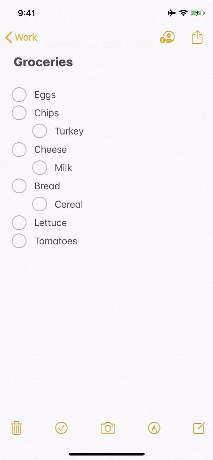 Grocery shopping list with items including bacon, turkey, chicken, eggs, and tomatoes.