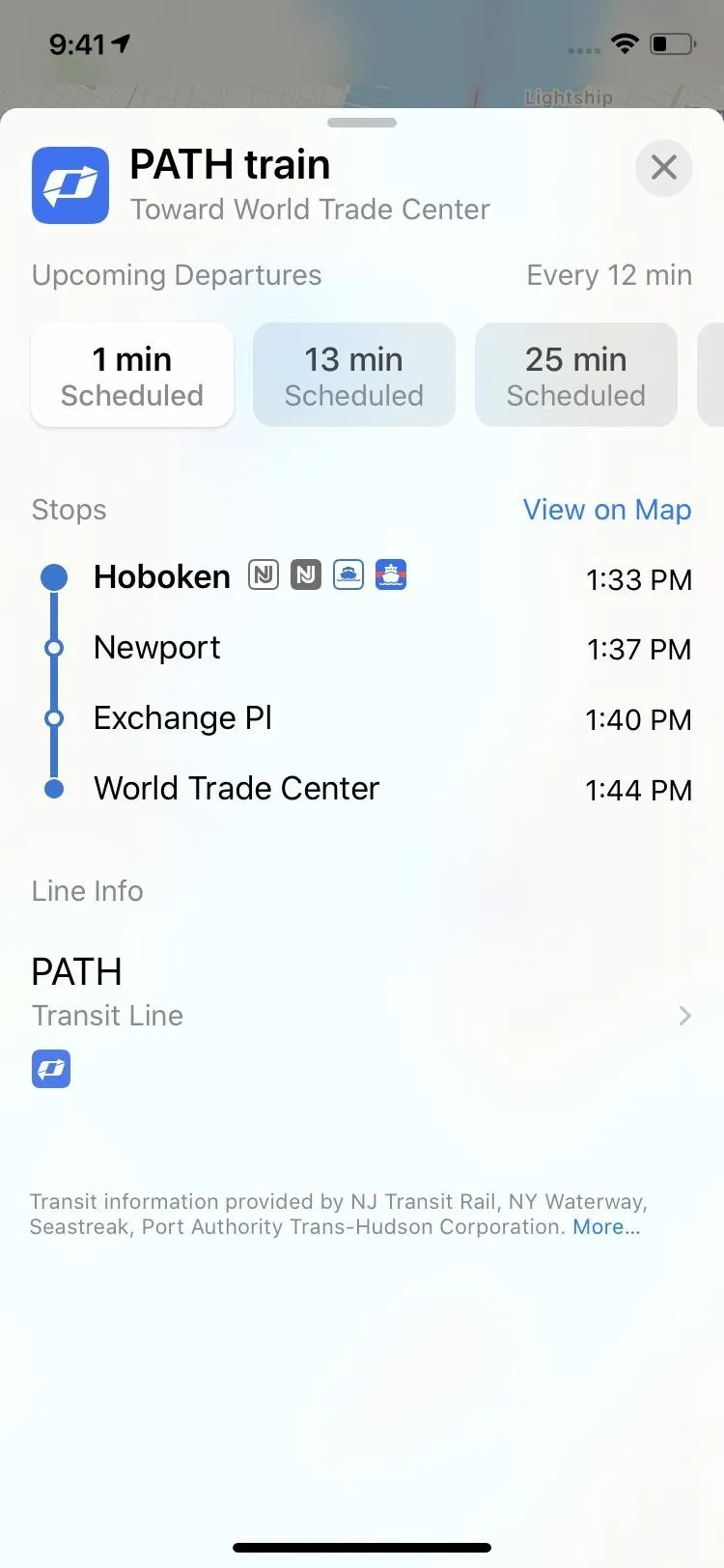 PATH train schedule and stops, including World Trade Center.