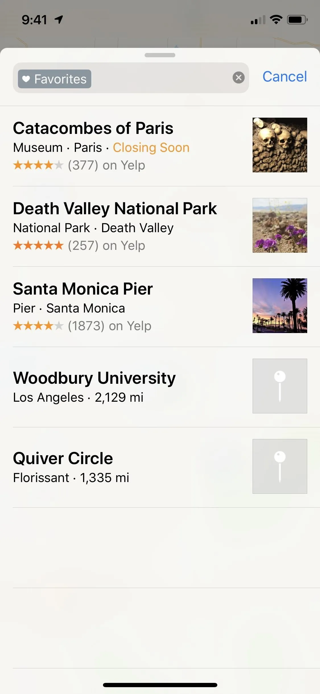 Locations and distances displayed on a mobile map application.