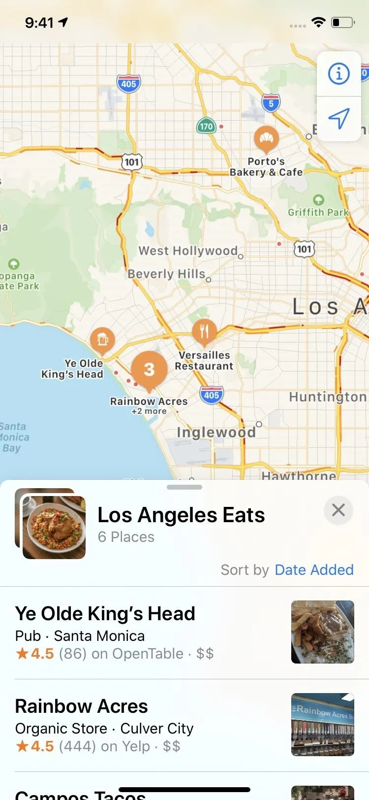 Map of Los Angeles with marked locations for dining options.