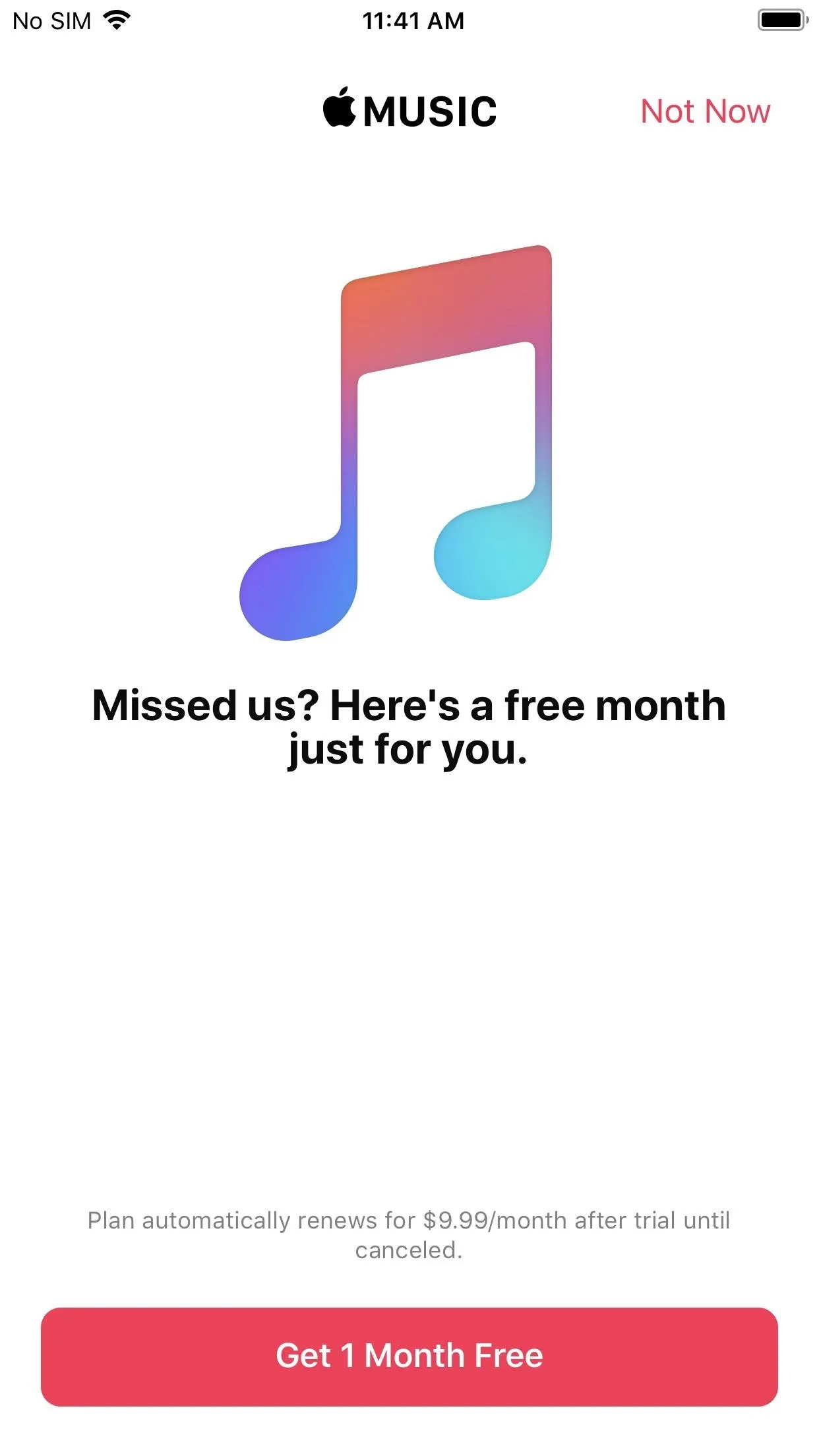 Apple Music promotional offer for a free month trial.