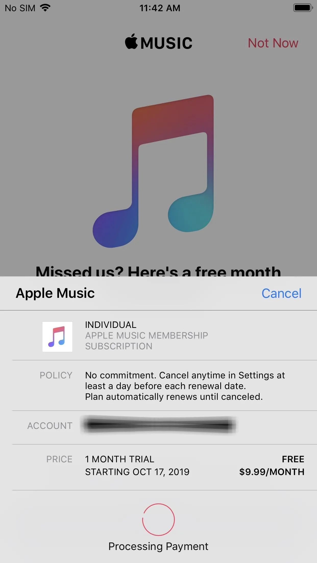 Apple Music app interface showing a music icon and processing payment details.