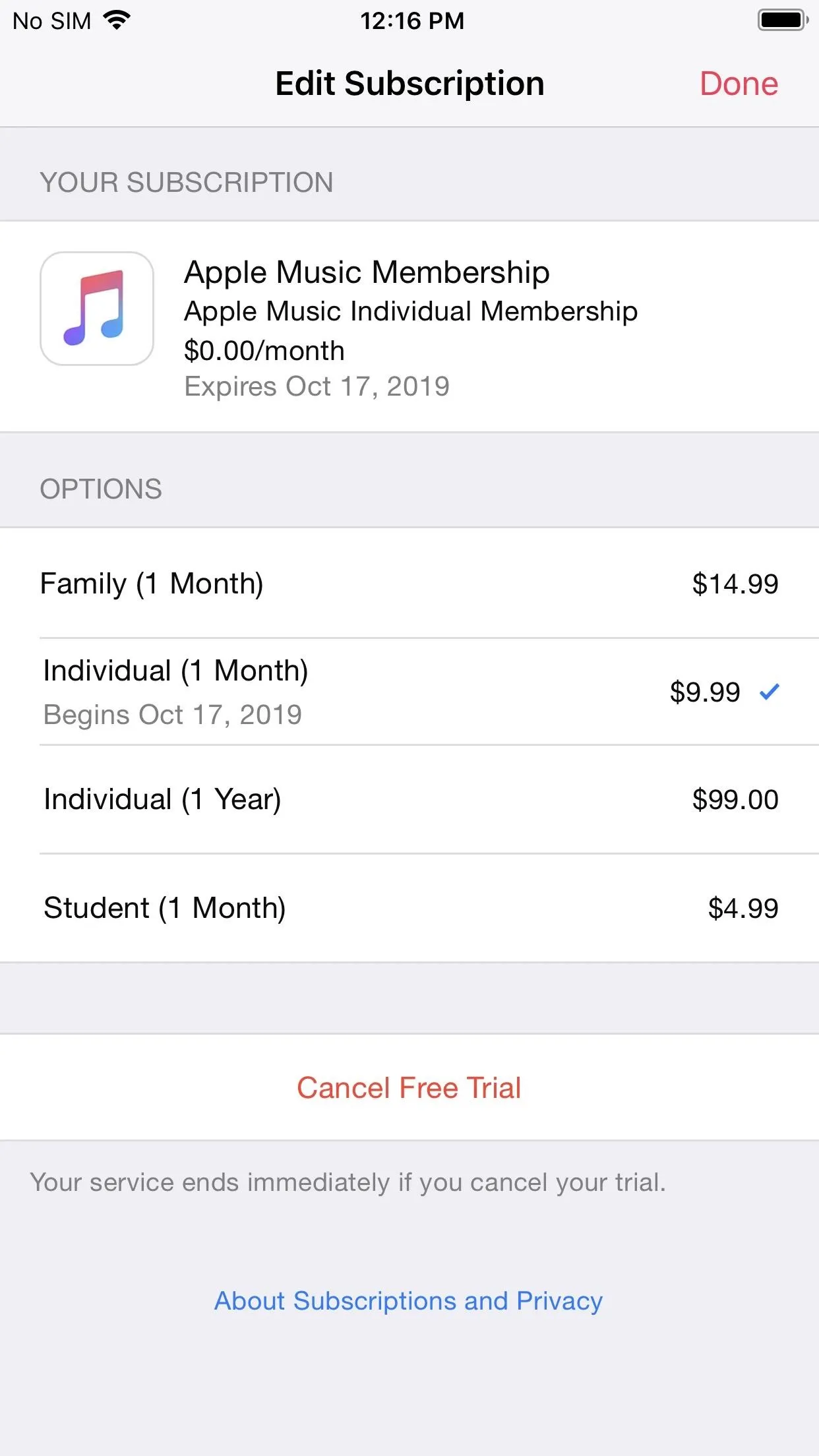 Apple Music subscription options and pricing details.