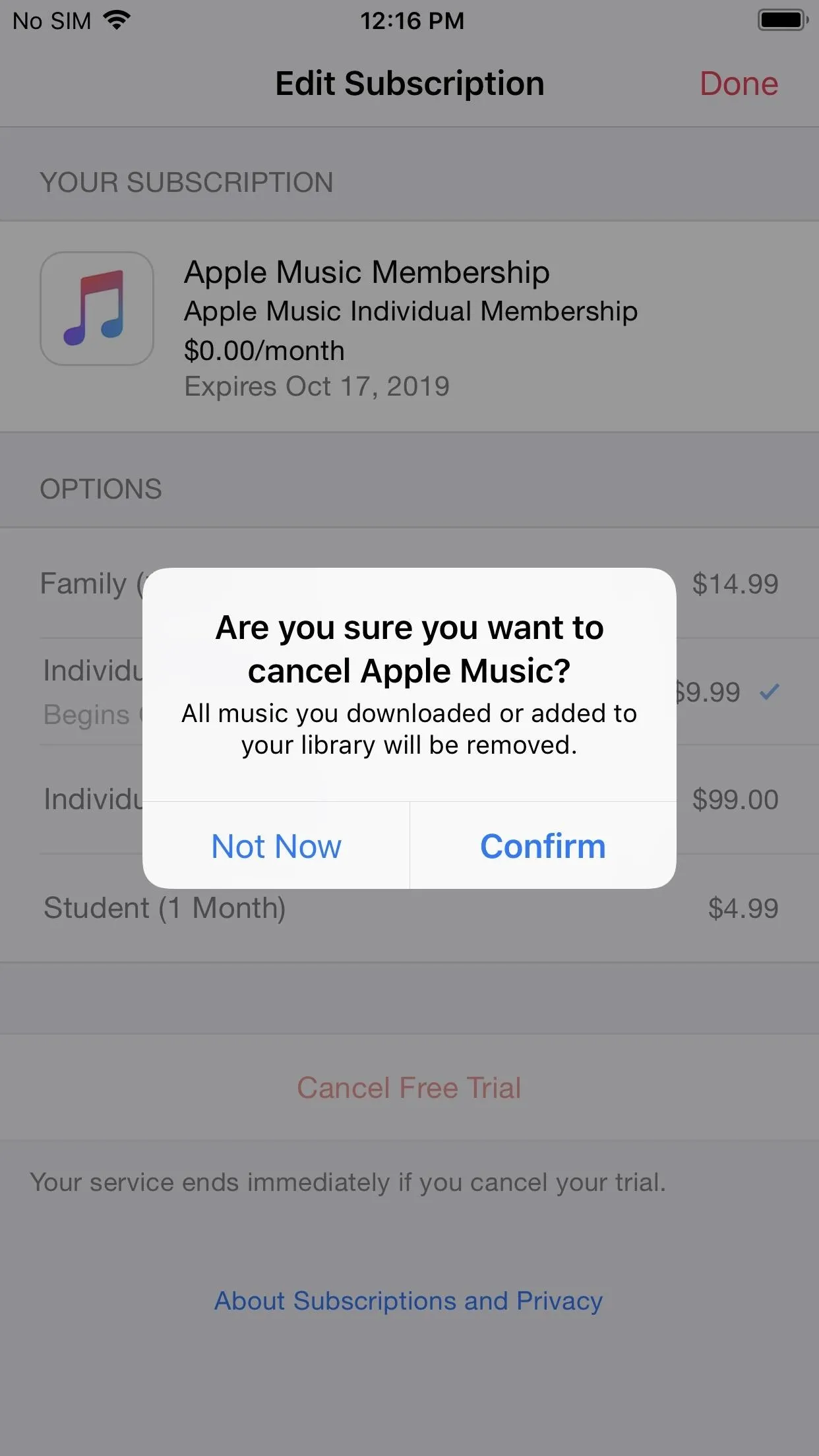 Subscription cancellation confirmation for Apple Music membership.