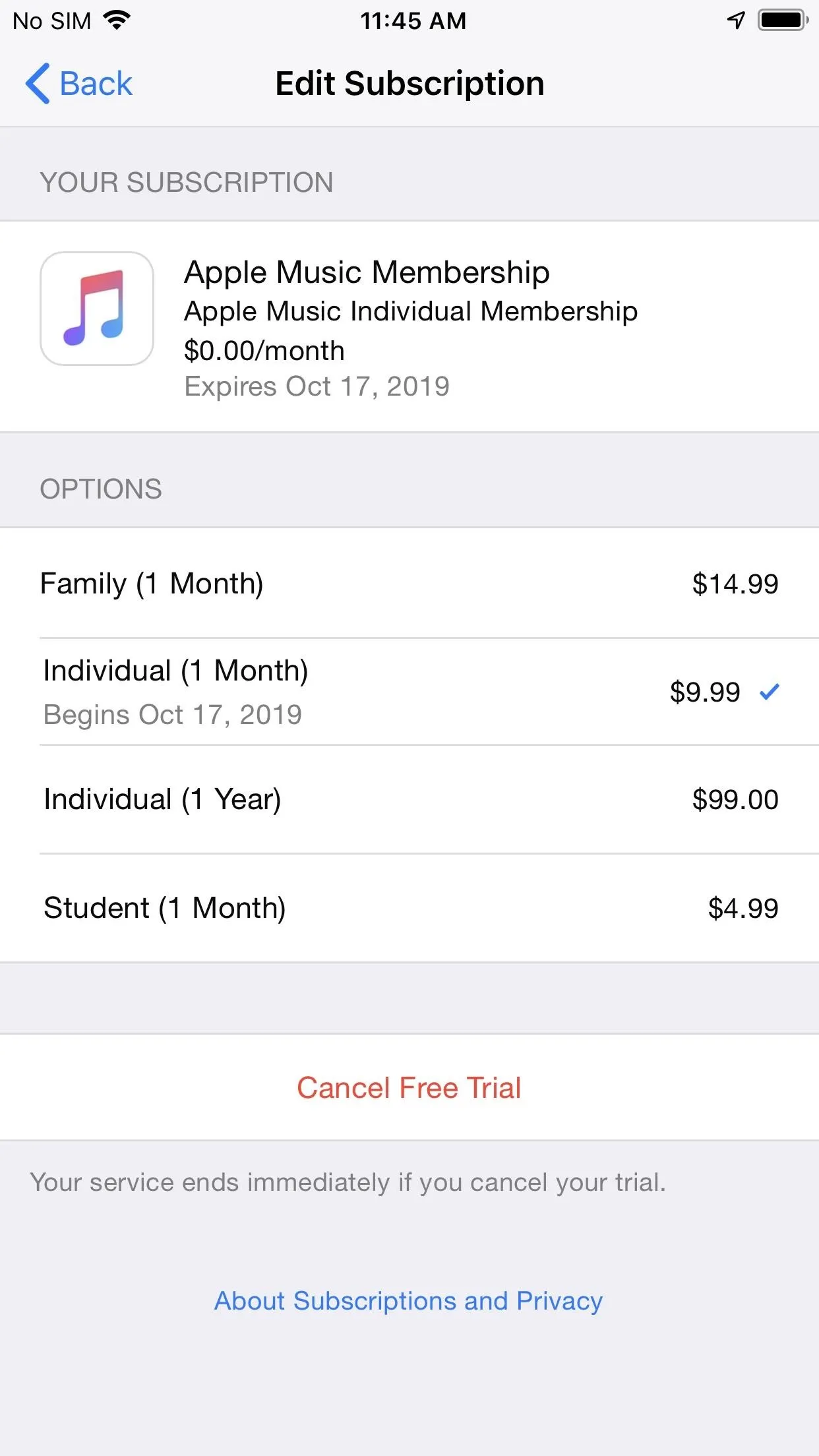 Apple Music subscription options with pricing details.