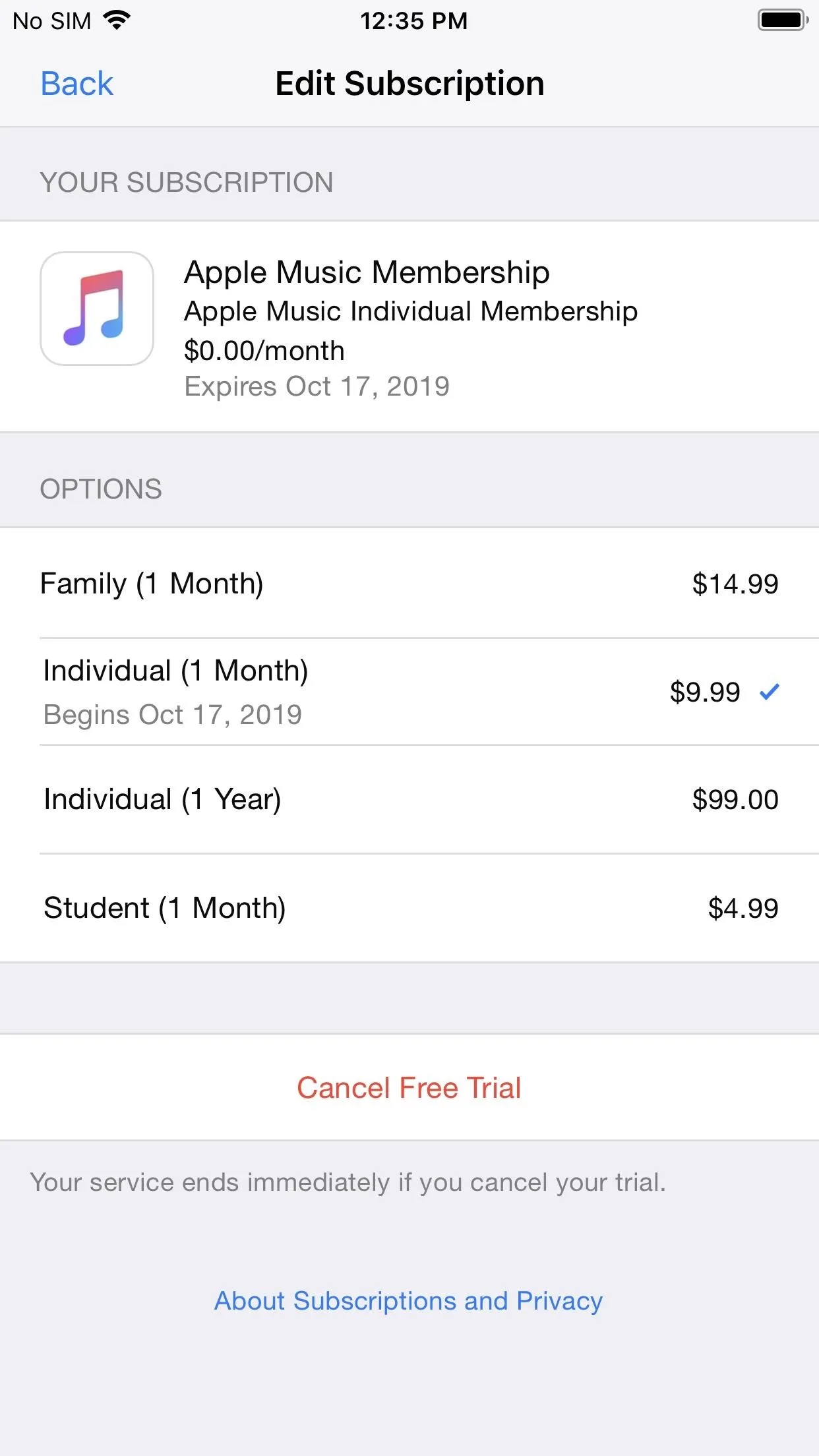 Apple Music subscription options with pricing details for individual, family, and student plans.