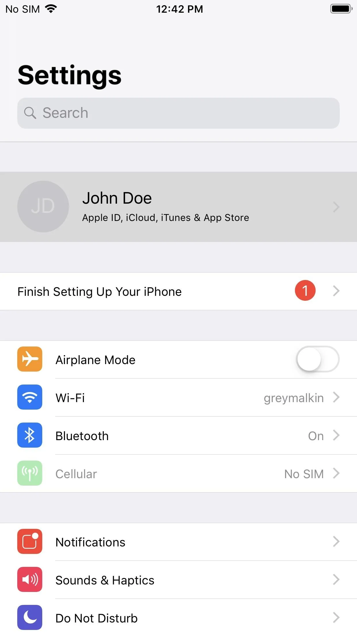 iPhone settings menu displaying options for Airplane Mode, Bluetooth, and notifications.