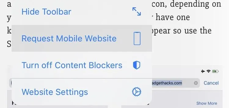 Menu options from a web browser interface, including 'Request Mobile Website' and 'Website Settings'.