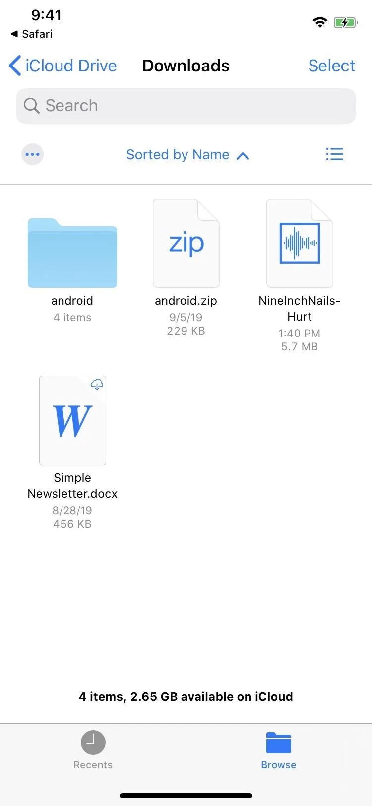 Screenshot of a file download interface displaying various documents in a cloud storage application.