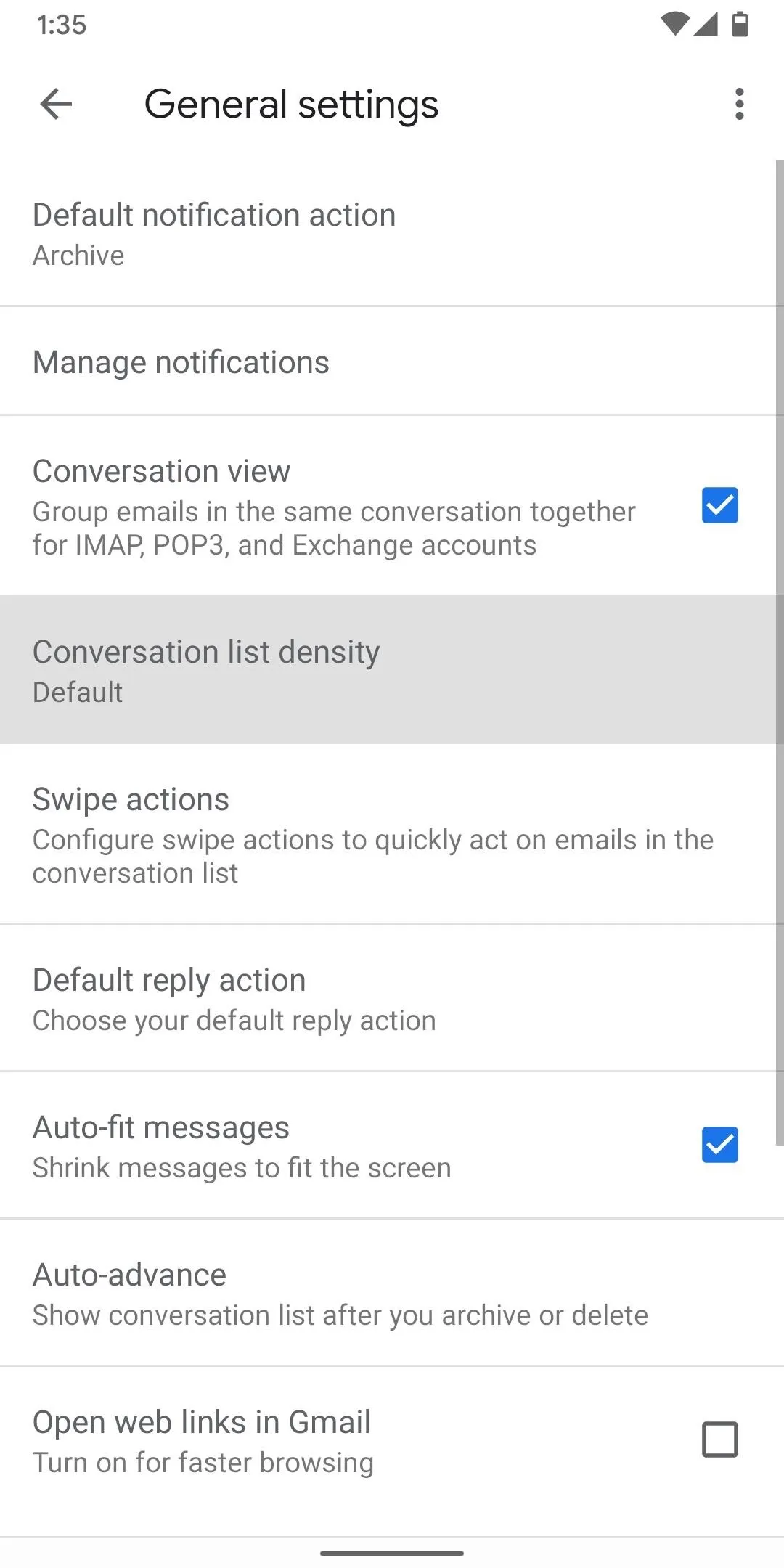 Settings menu showing general notification and messaging options on a mobile device.