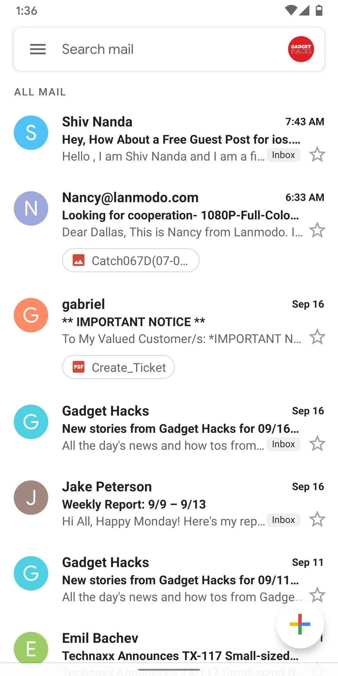 Email inbox interface showing various emails and notifications.