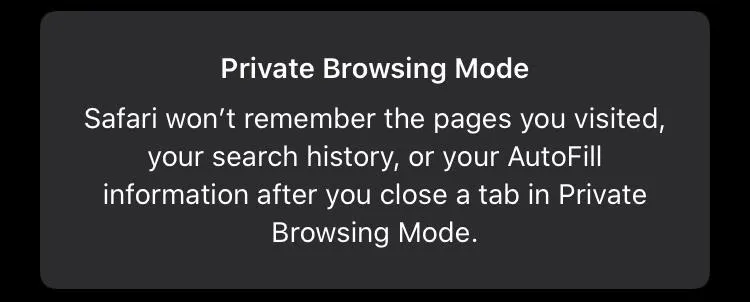 Private browsing mode notification in Safari.