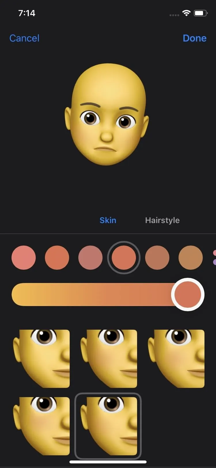 3D avatar customization interface displaying various skin tone options.