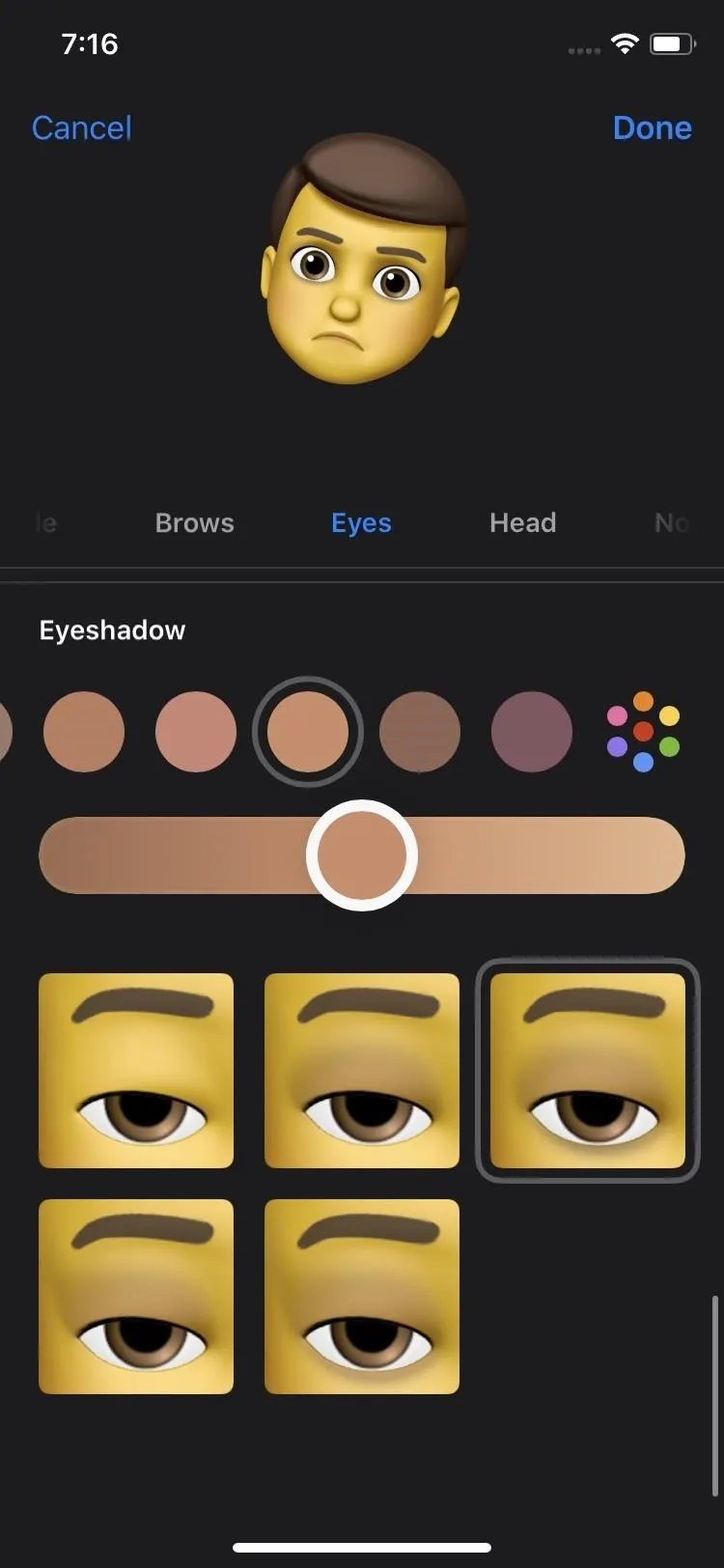 Customizable avatar creation interface showing skin tone and eye options.