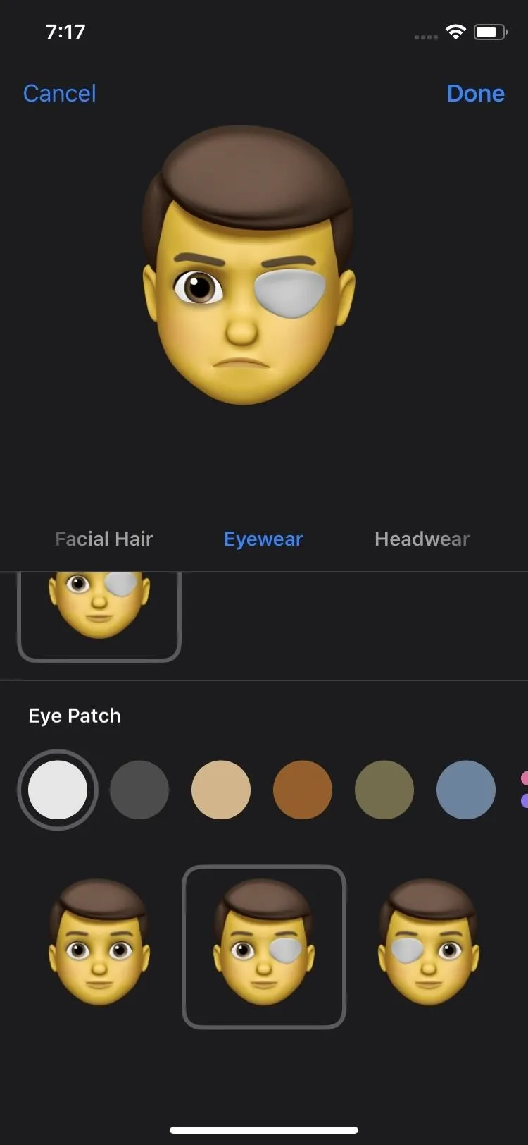 Emoji character customization screen with various options for hair, eye patch, and skin tone.