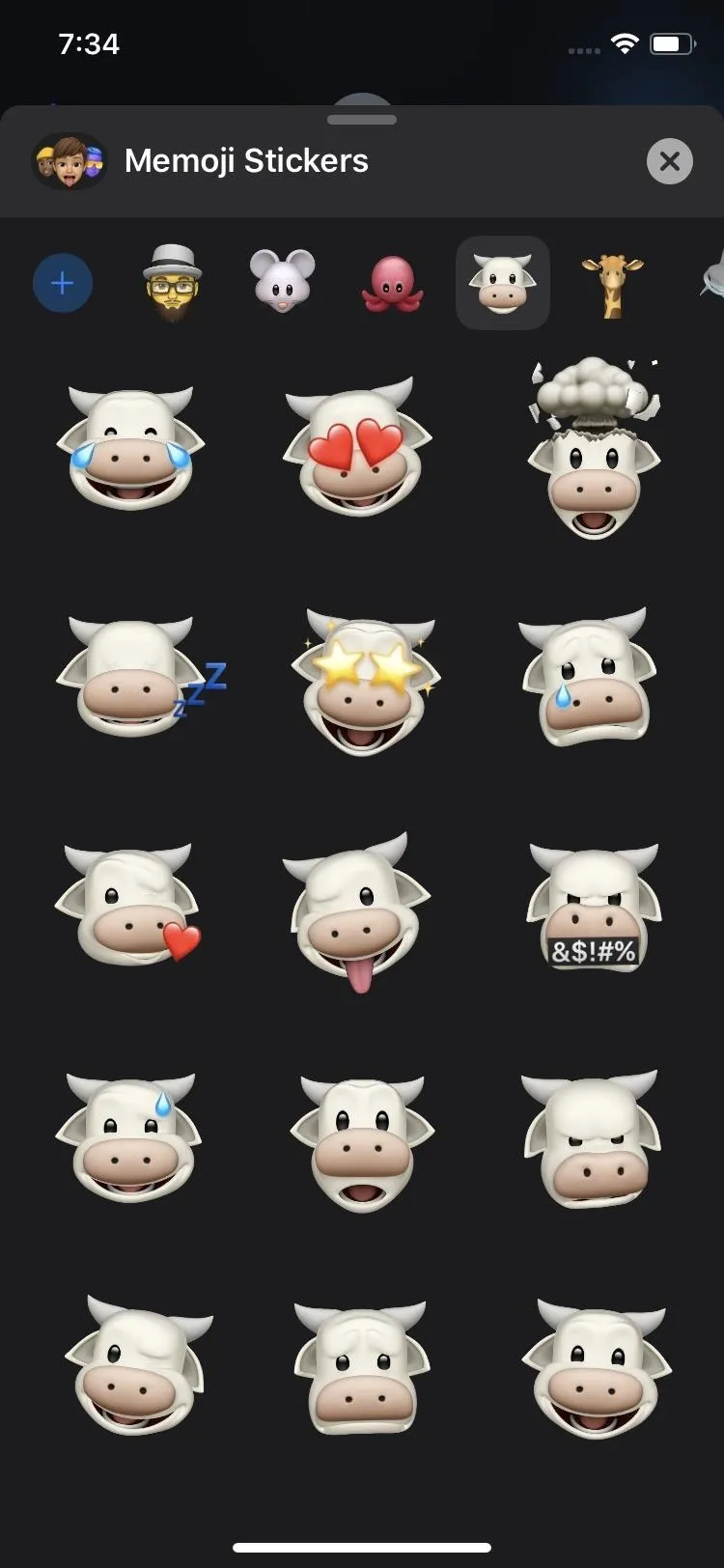 Cow emojis expressing various emotions and accessories.