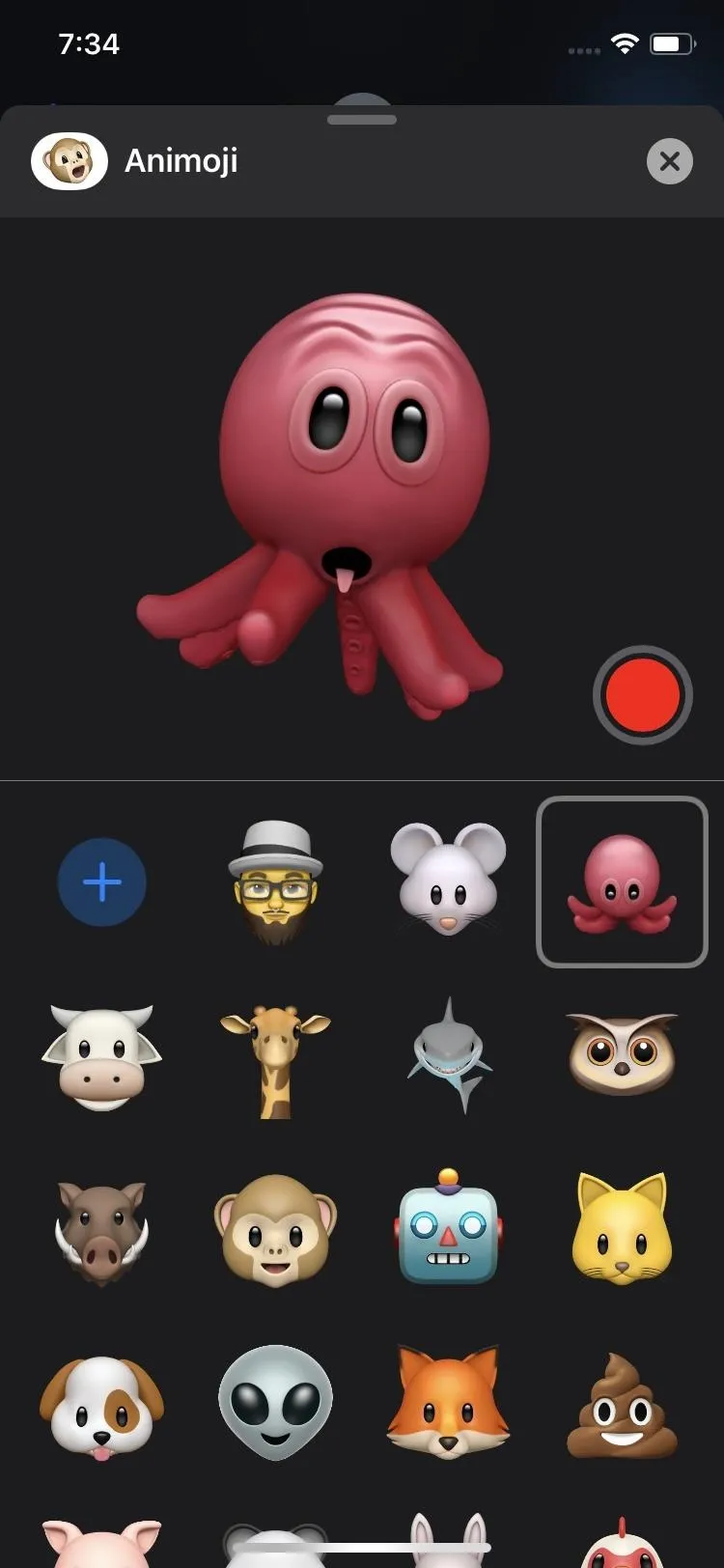 Cartoon octopus emoji in a selection menu.