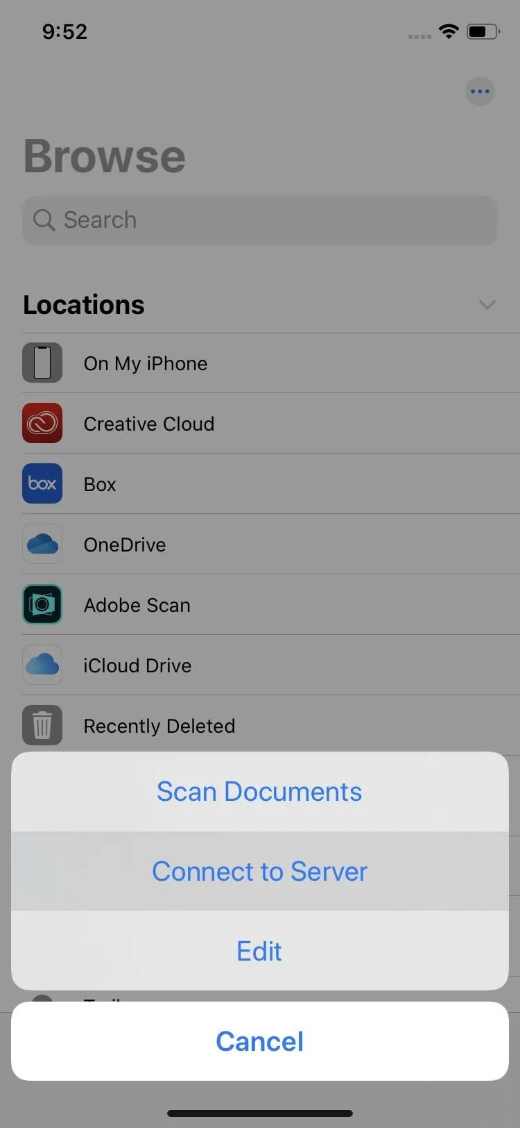 Scanning options menu on a mobile device.