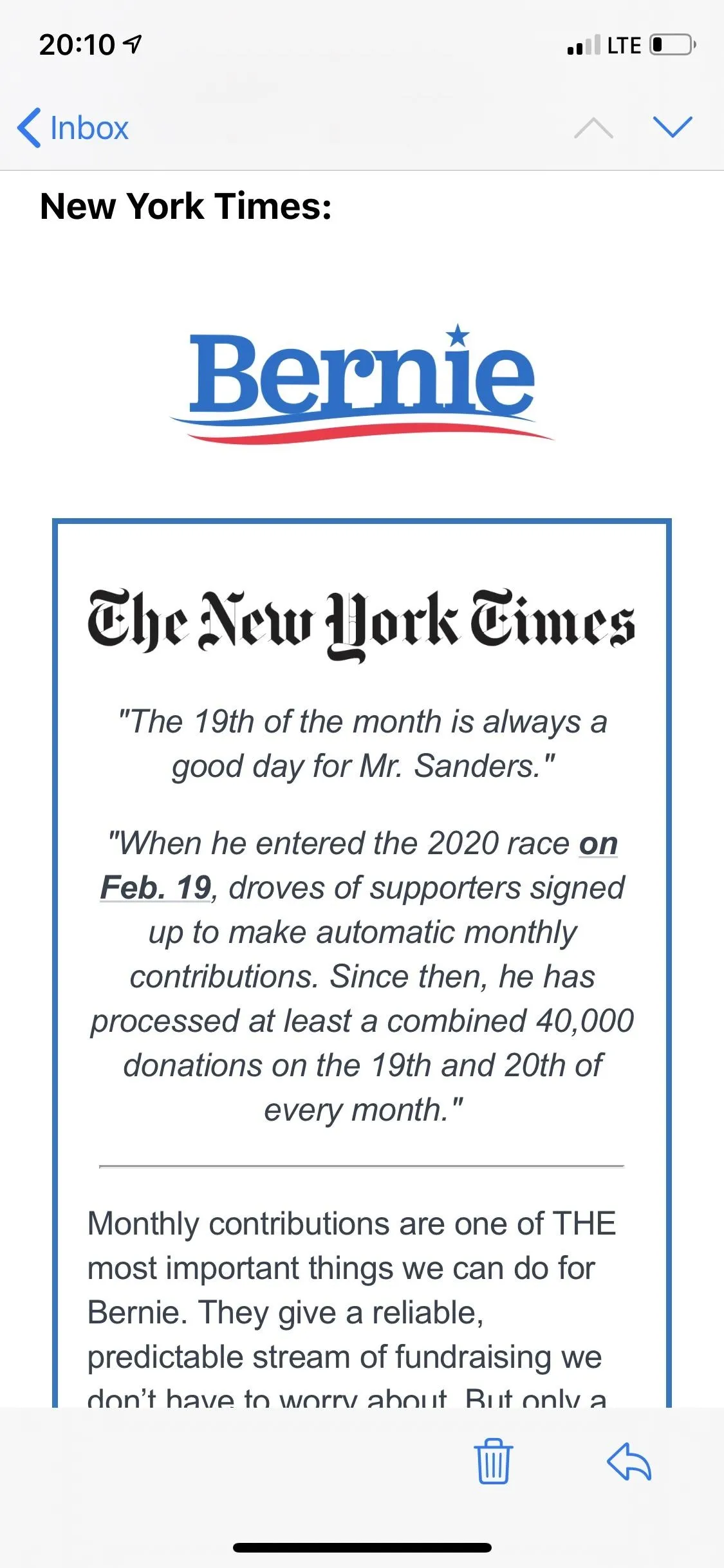 "New York Times article discussing Bernie Sanders' campaign contributions."