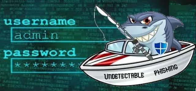 Cartoon shark with a fishing pole, promoting cybersecurity awareness about phishing.