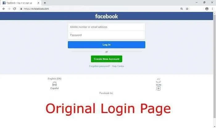 Facebook login page with fields for email and password.