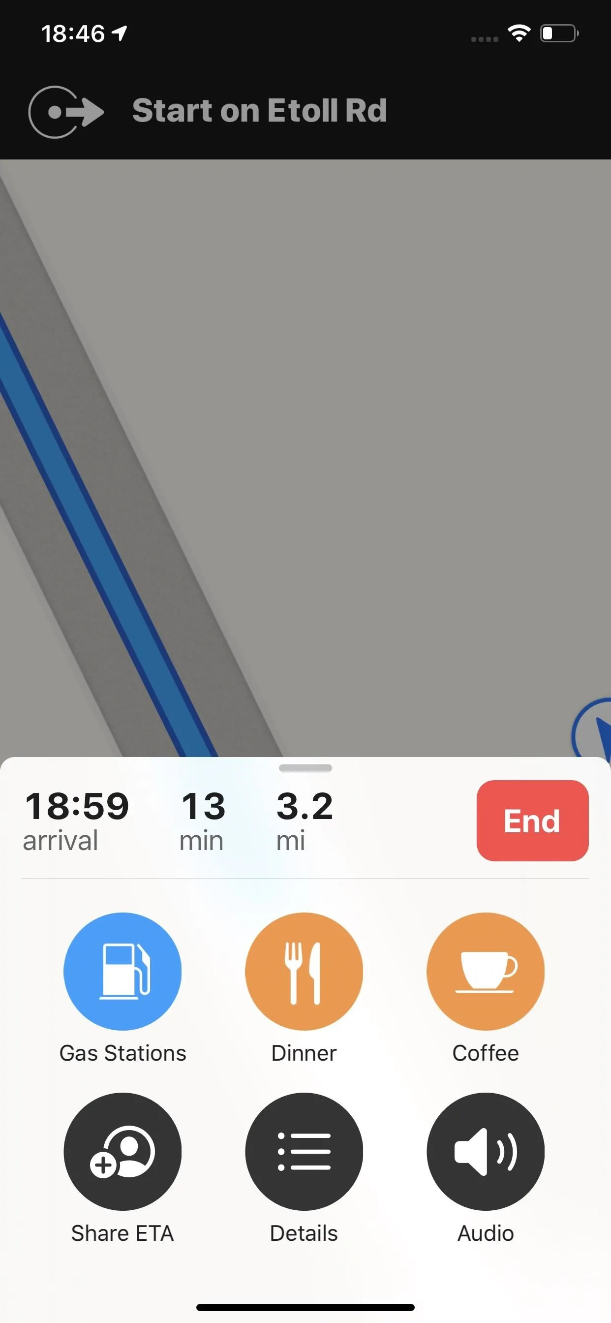 Navigation app interface showing route and estimated time of arrival.